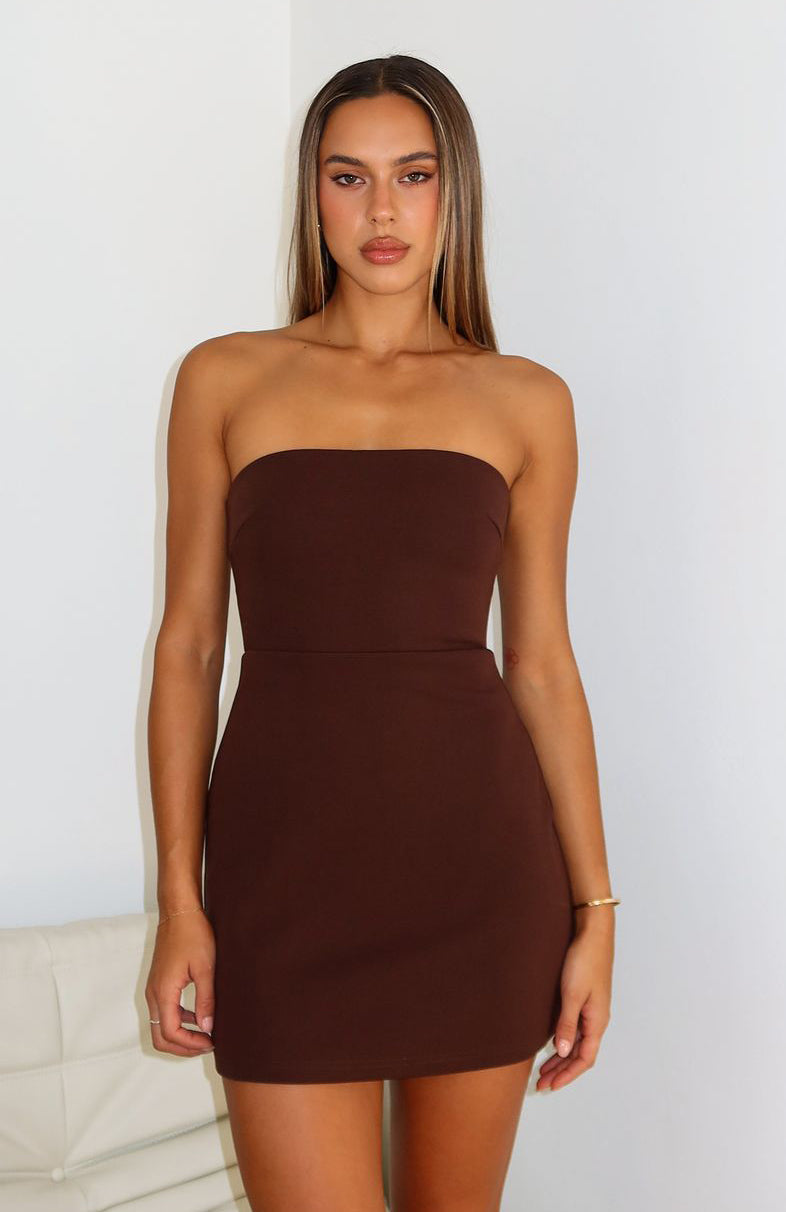 White Fox Keep Falling Strapless Mini Dress Chocolate