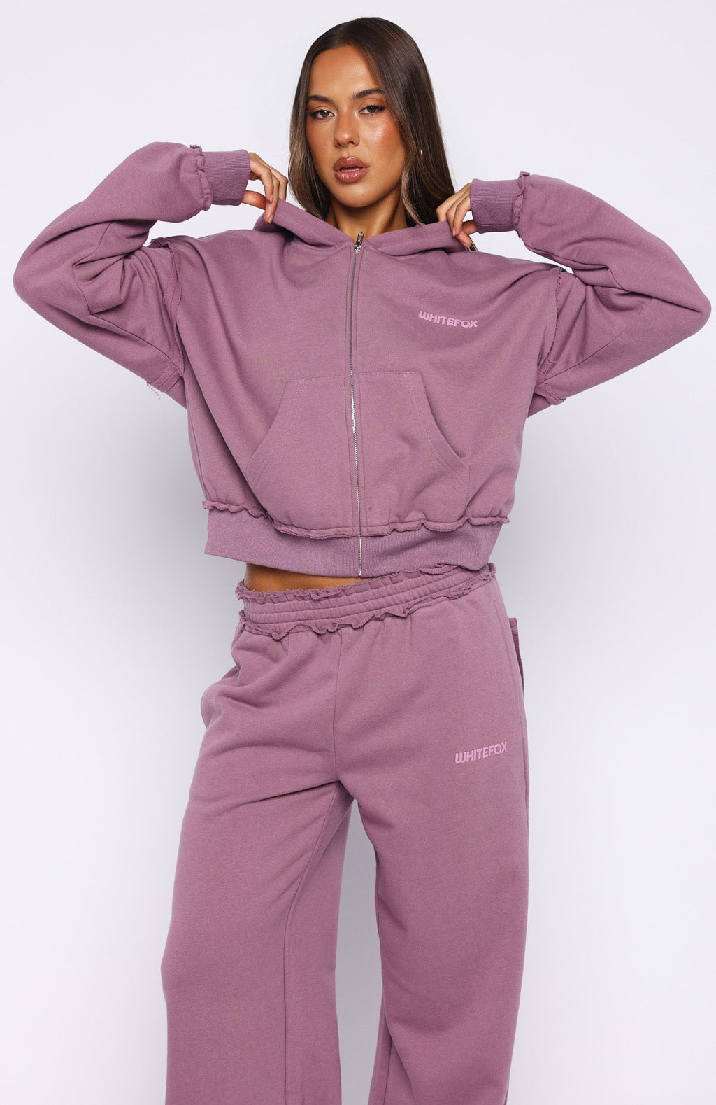 White Fox On My Own Terms Boxy Zip Front Hoodie Dusty Plum