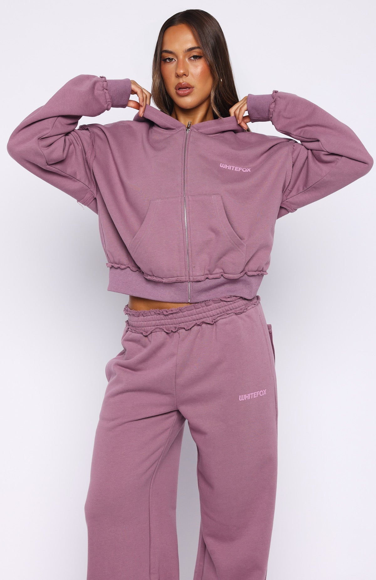 White Fox On My Own Terms Boxy Zip Front Hoodie Dusty Plum