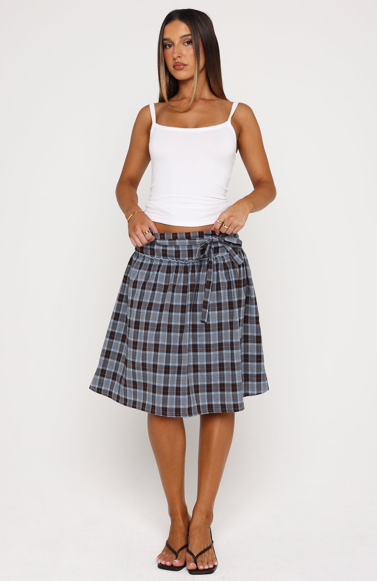 White Fox Make You Blush Midi Skirt Blue/Chocolate Check