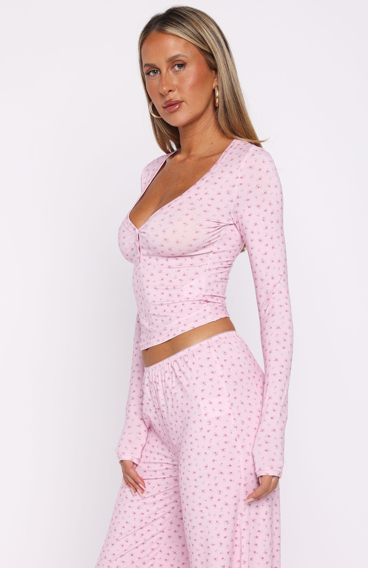 White Fox Dreamy Button Up Long Sleeve Pyjama Top Sugar Blossom