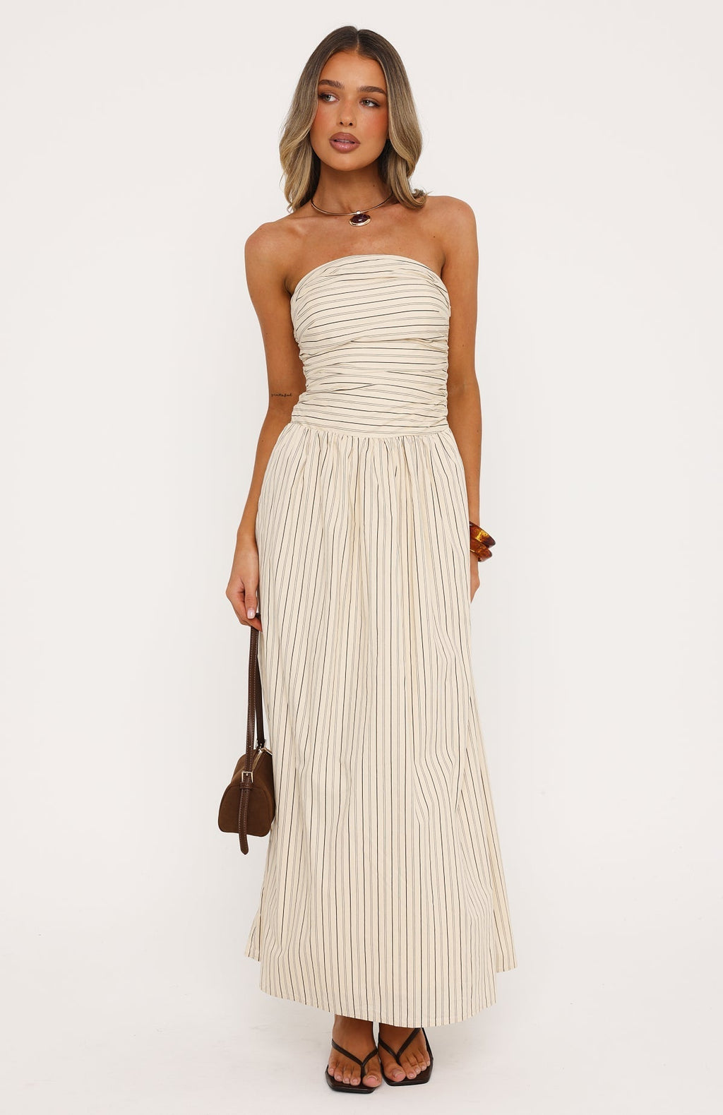 White Fox Blush Of Fate Strapless Maxi Dress Cream/Chocolate Stripe