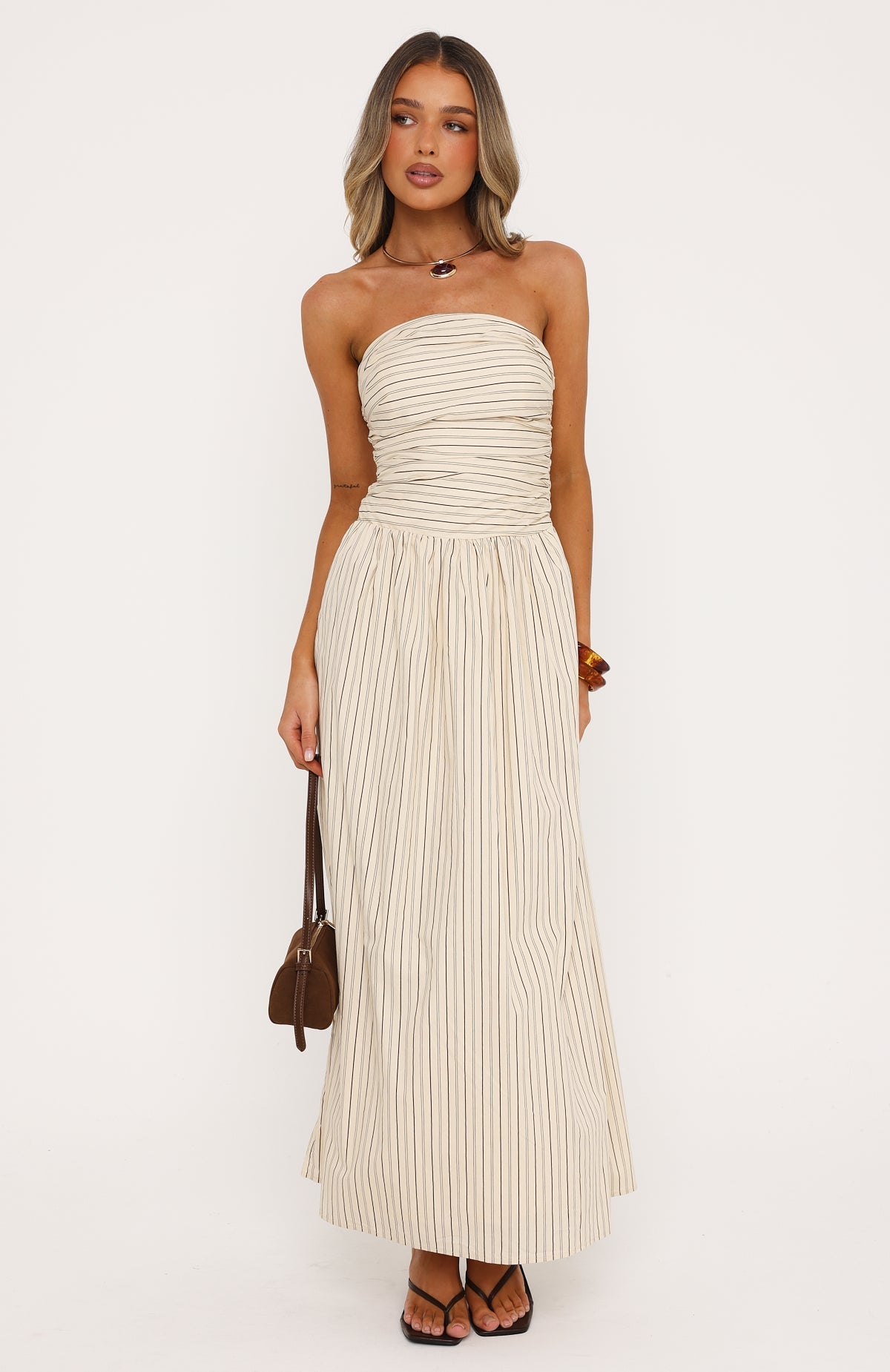 White Fox Blush Of Fate Strapless Maxi Dress Cream/Chocolate Stripe