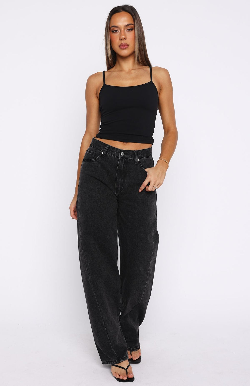 White Fox Kiara Mid Rise Barrel Leg Jeans Black Acid