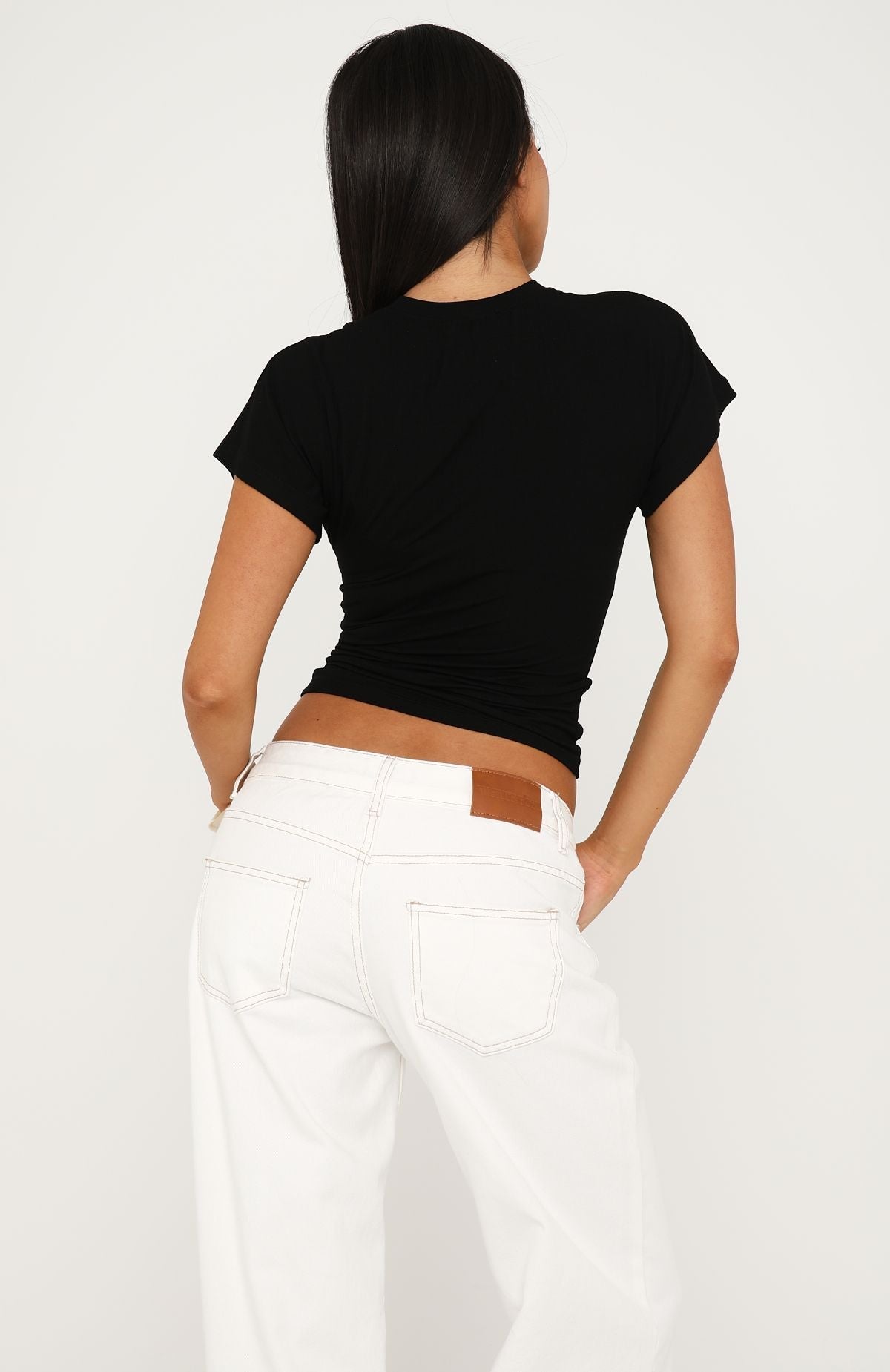 White Fox Never The Right Time Cinched Waist Short Sleeve Top Black