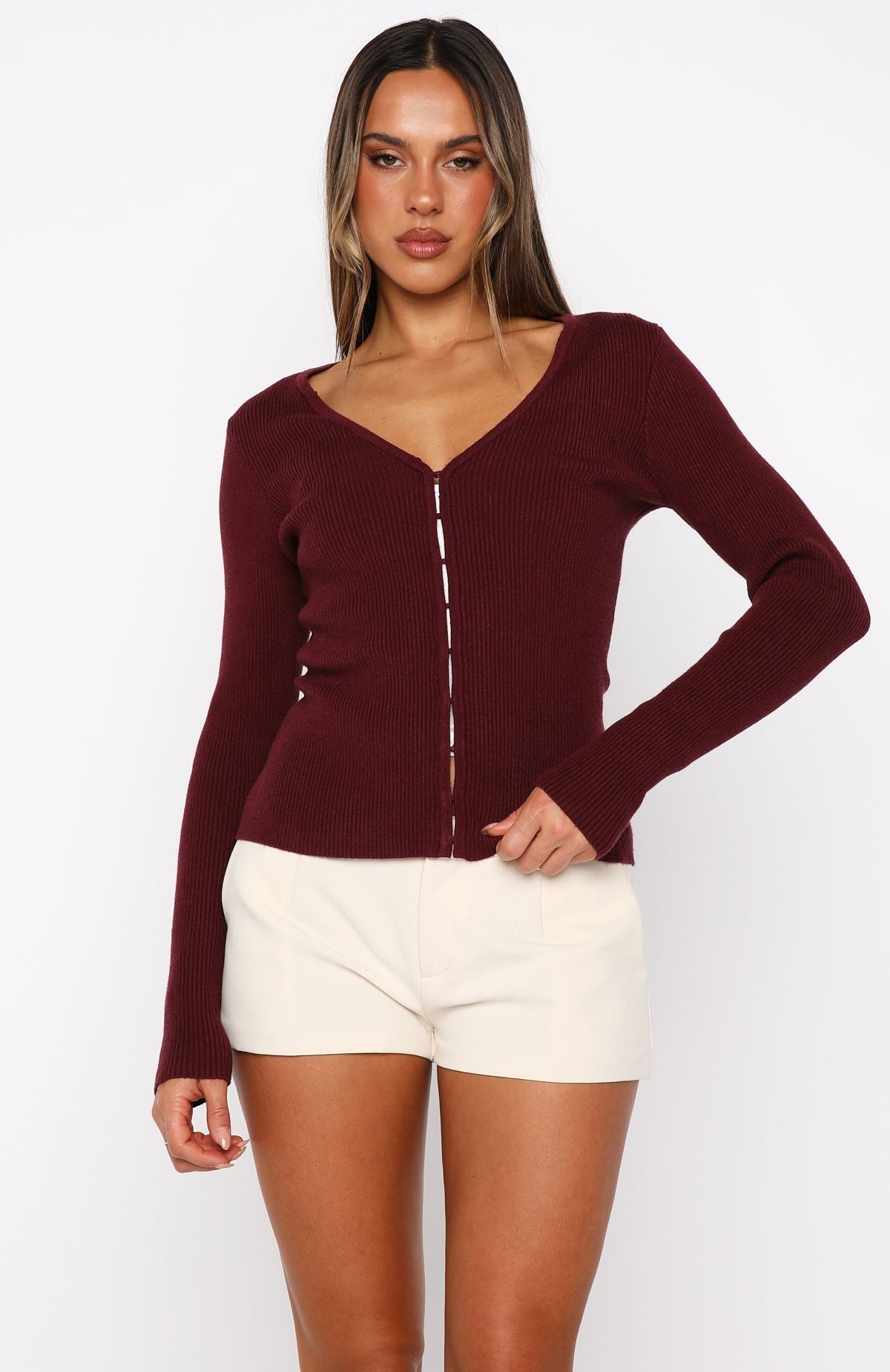 White Fox All Bundled Up Knit Cardigan Burgundy