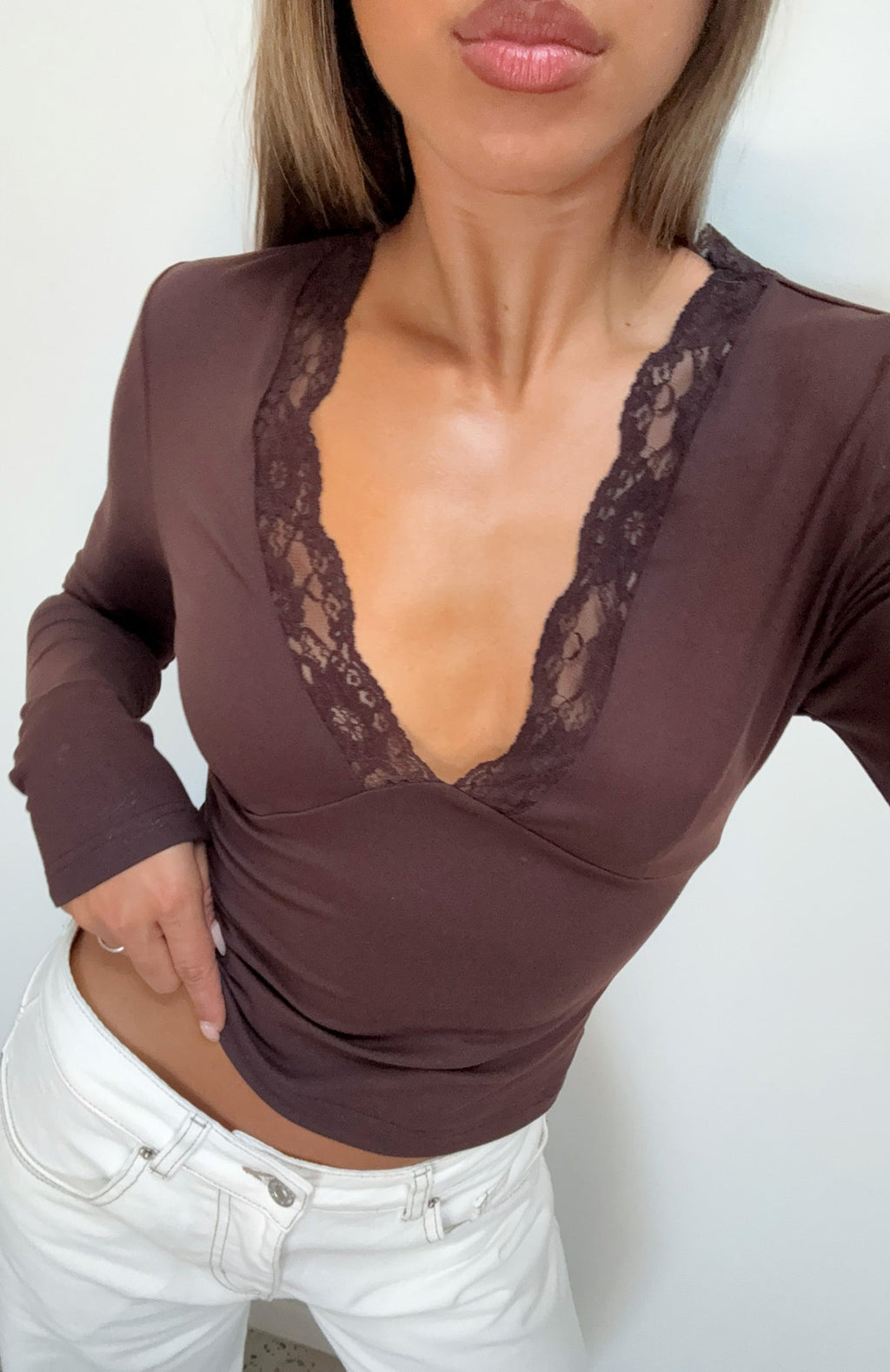 White Fox Knew That All Along Lace Trim Long Sleeve Top Chocolate