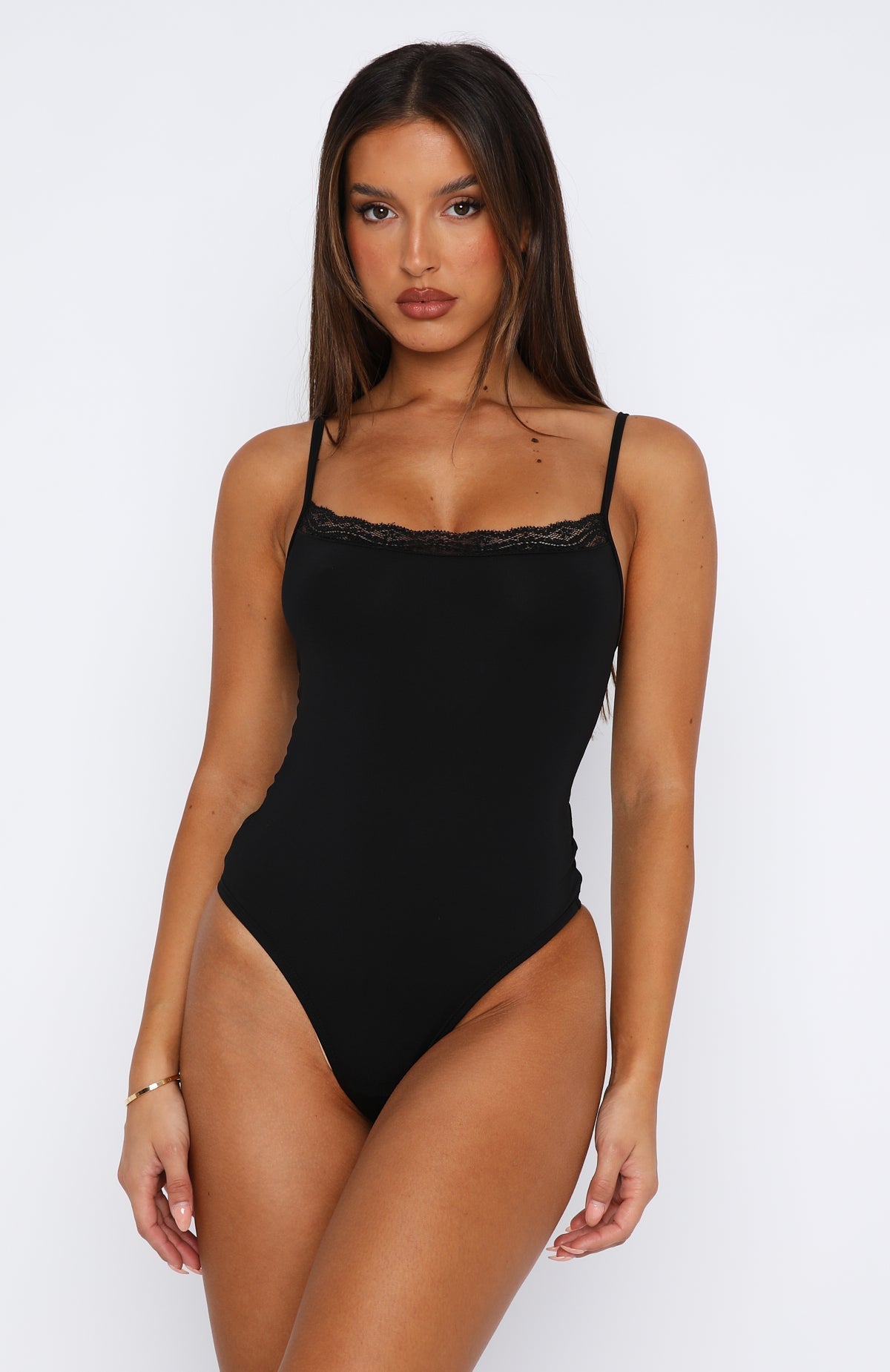 White Fox Clocked In Lace Trim Bodysuit  Black