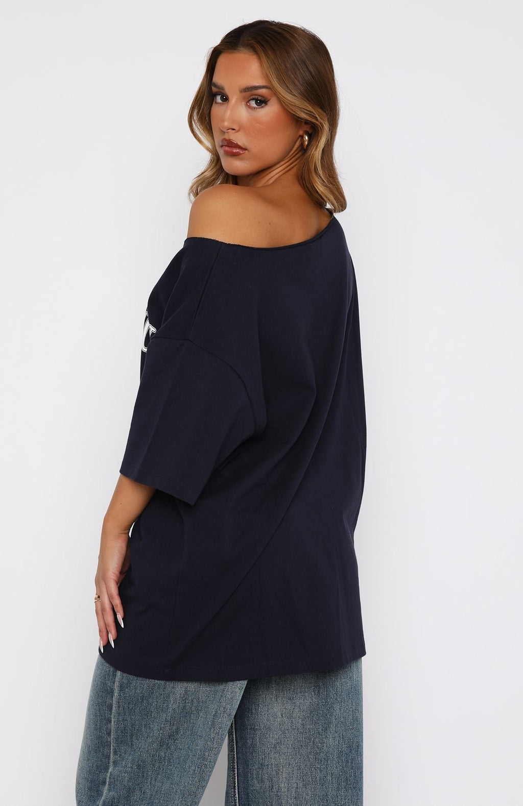 White Fox Everything In Time Off Shoulder Oversized Tee Navy