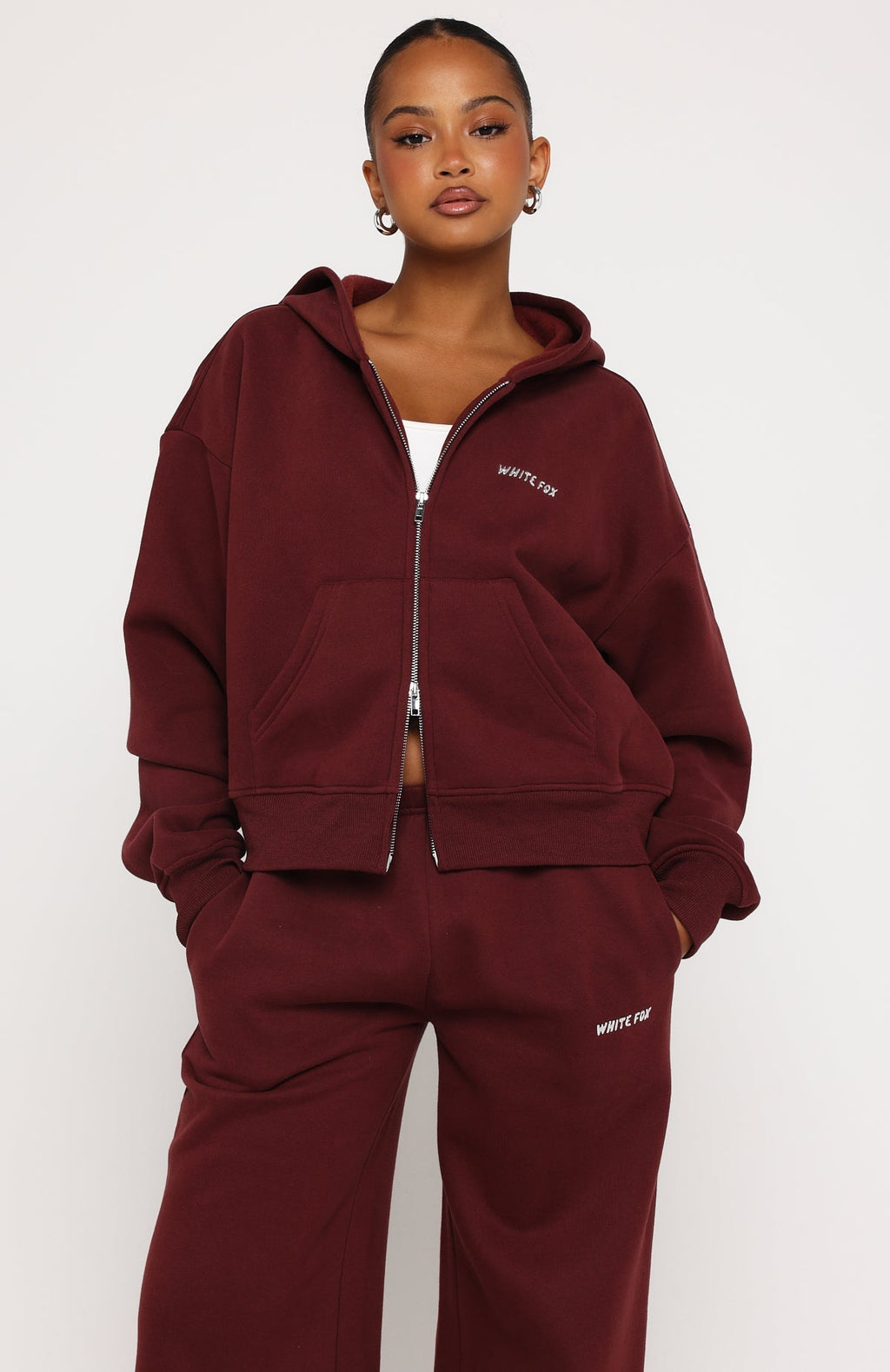 White Fox Test Drive Boxy Zip Front Hoodie Dark Cherry