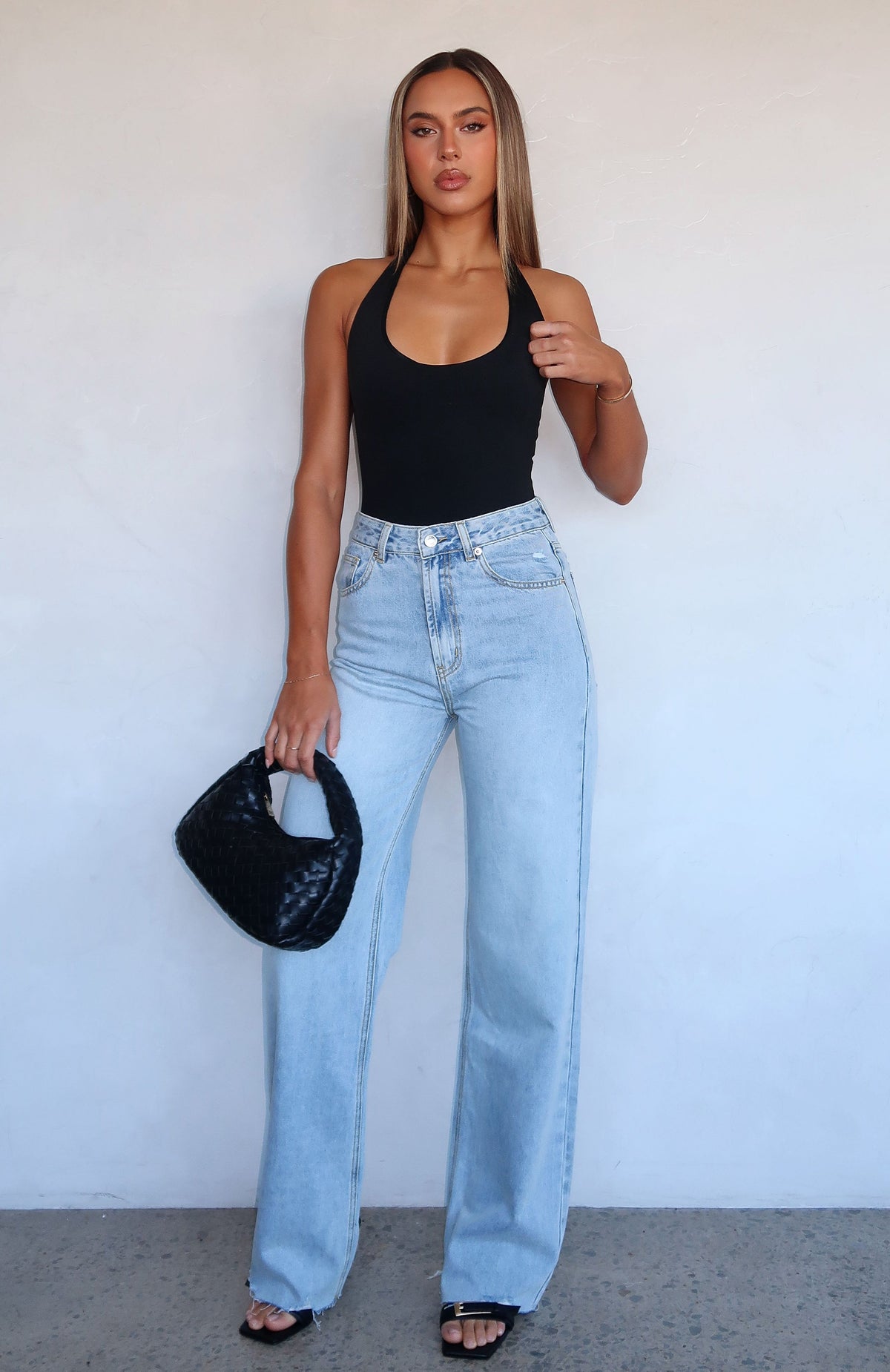 White Fox Alana High Waisted Straight Leg Jeans Light Blue Wash