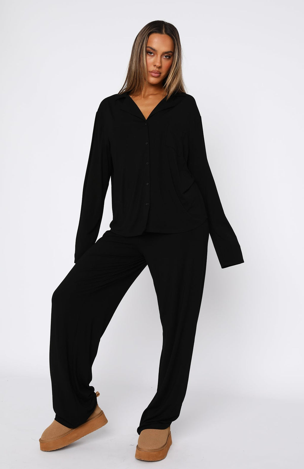 White Fox Pillow Talk Long Sleeve Pyjama Set Black