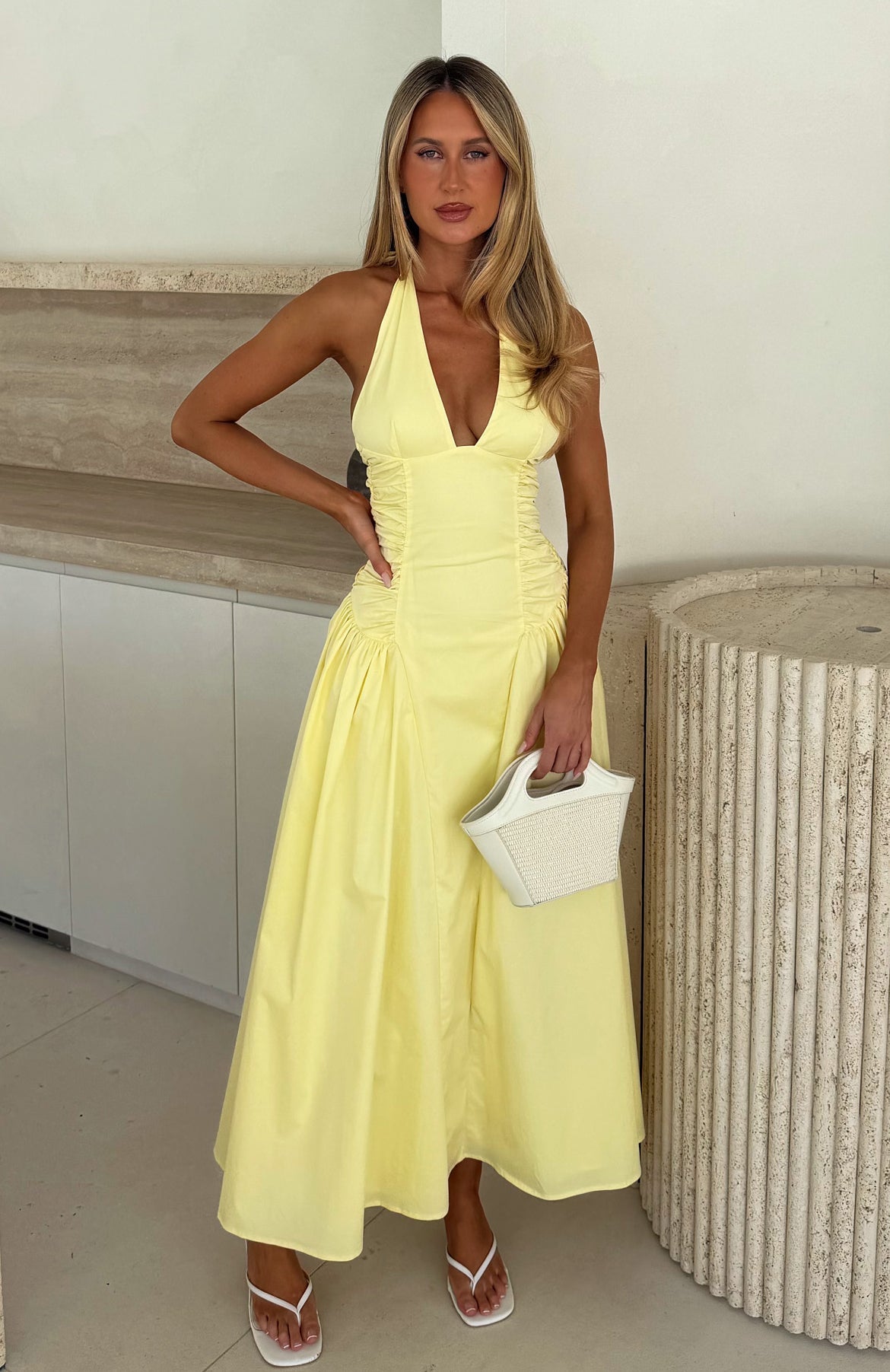 White Fox Tinsel Trouble Halter Midi Dress Lemon