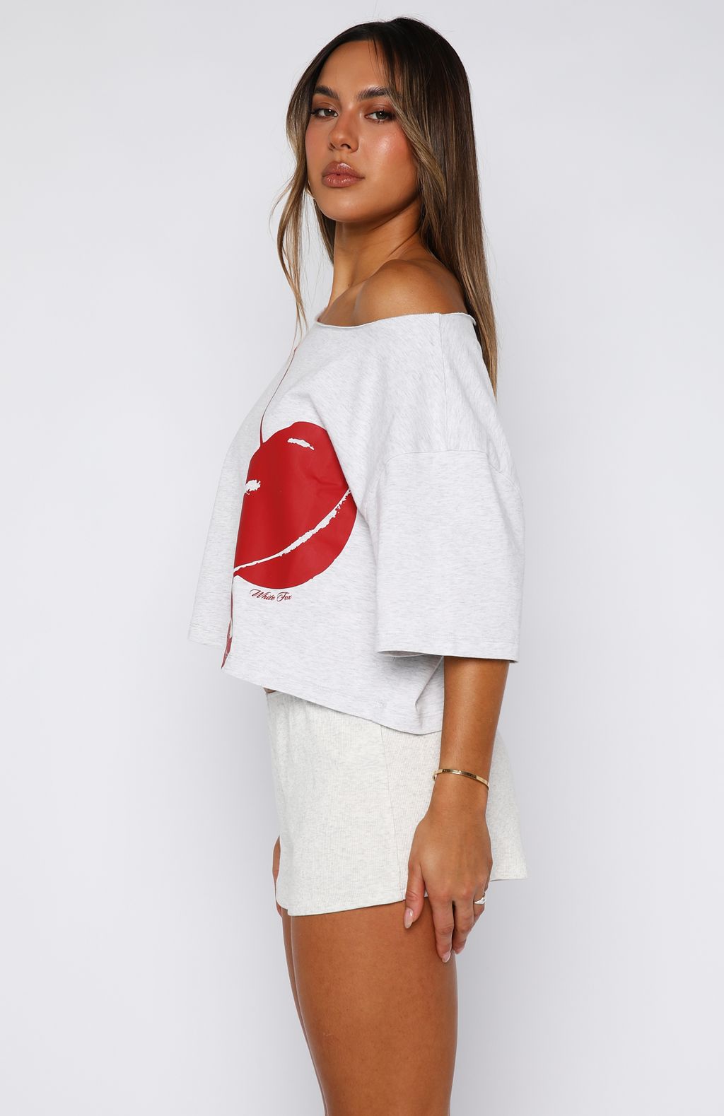 White Fox Just In Time Off Shoulder Cropped Tee Grey Marle