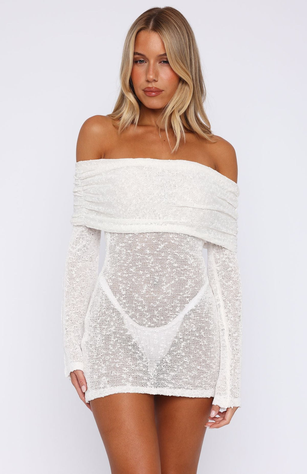 White Fox Can't Leave Me Long Sleeve Boucle Mini Dress White