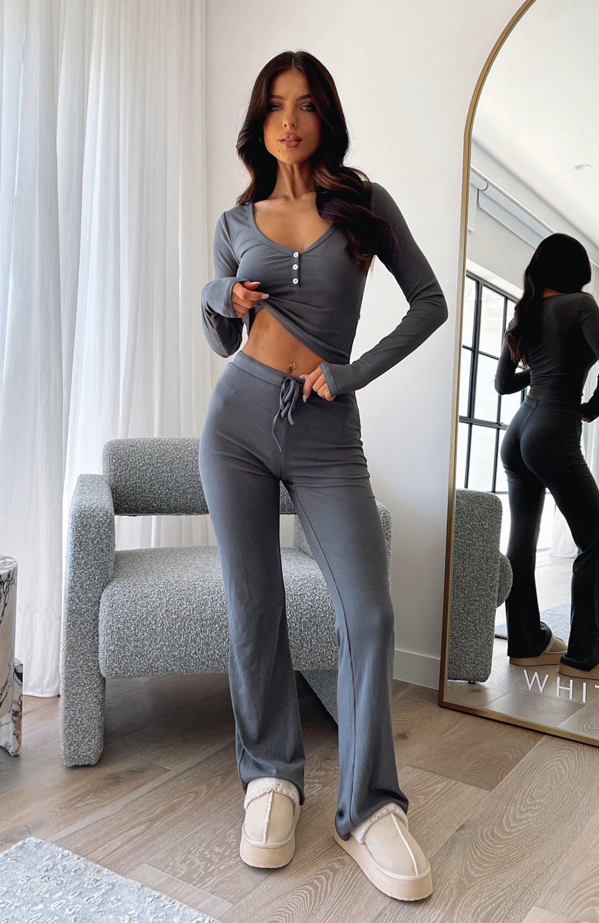 White Fox Don't Wake Me Up Pyjama Set Charcoal