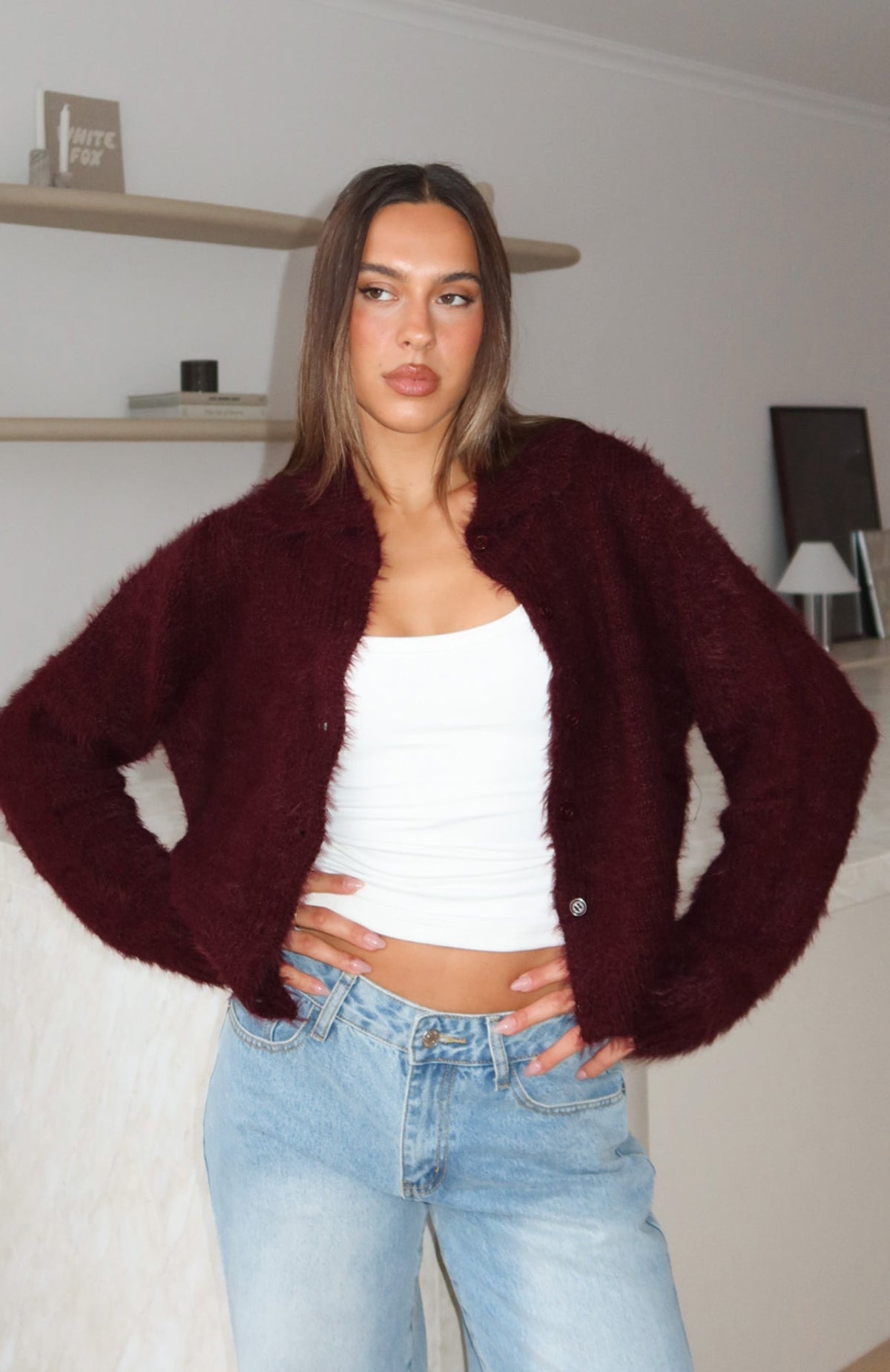 White Fox Chill Luxe Knit Cardigan Merlot