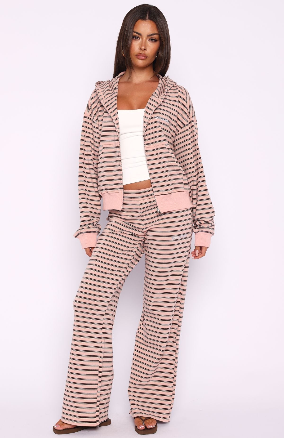 White Fox Looking Back Boxy Zip Front Hoodie Pink Stripe