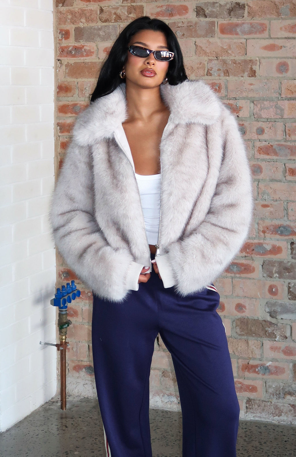 White Fox Glacial Chic Faux Fur Bomber Jacket Smokey Taupe
