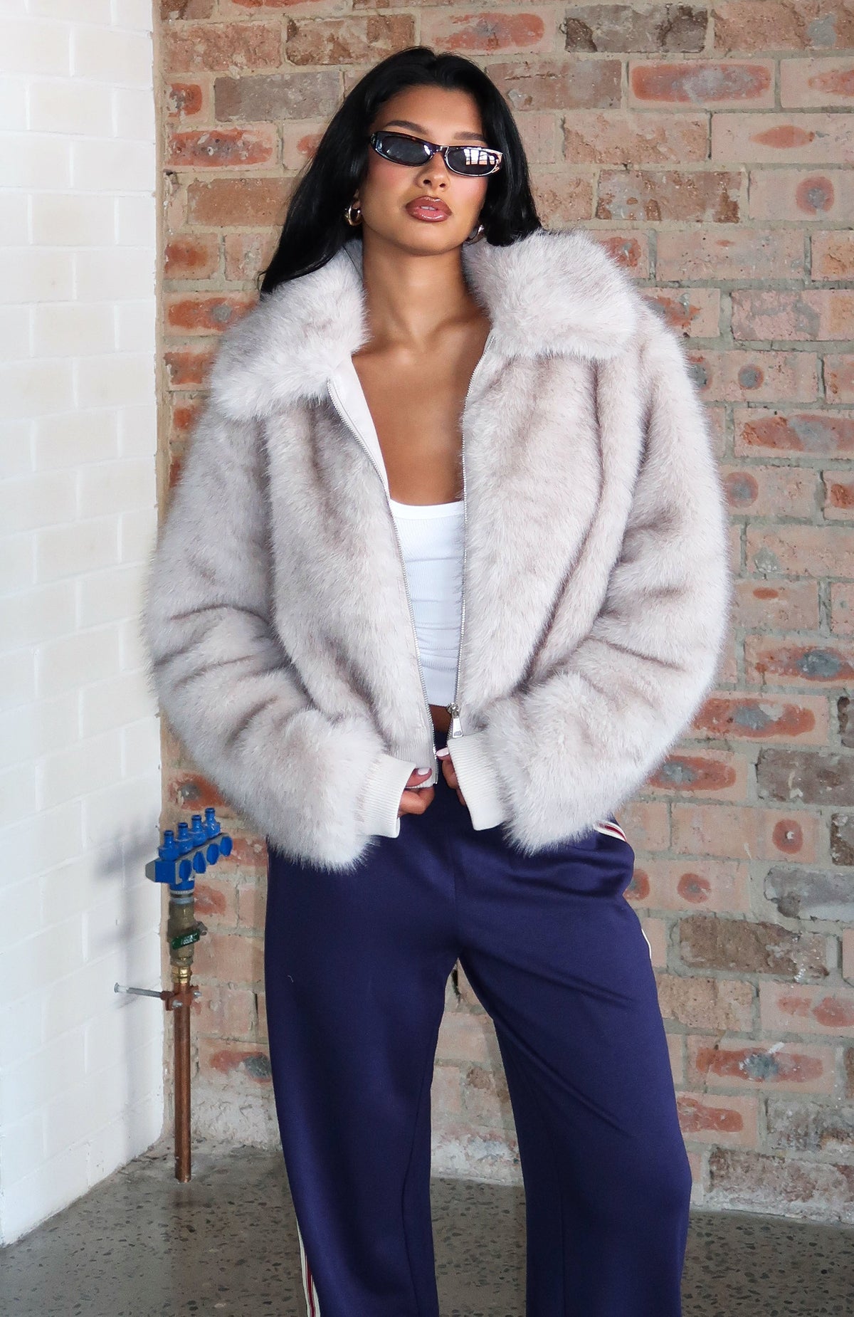 White Fox Glacial Chic Faux Fur Bomber Jacket Smokey Taupe