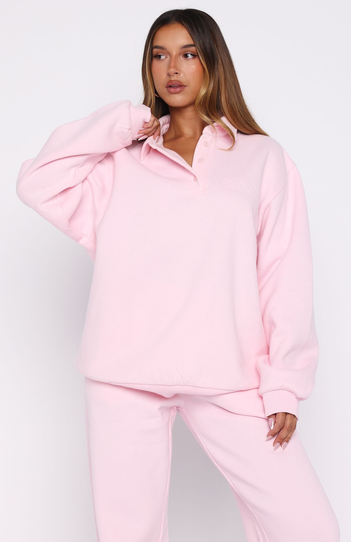 White Fox Chill Moves Oversized Henley Sweater Pink