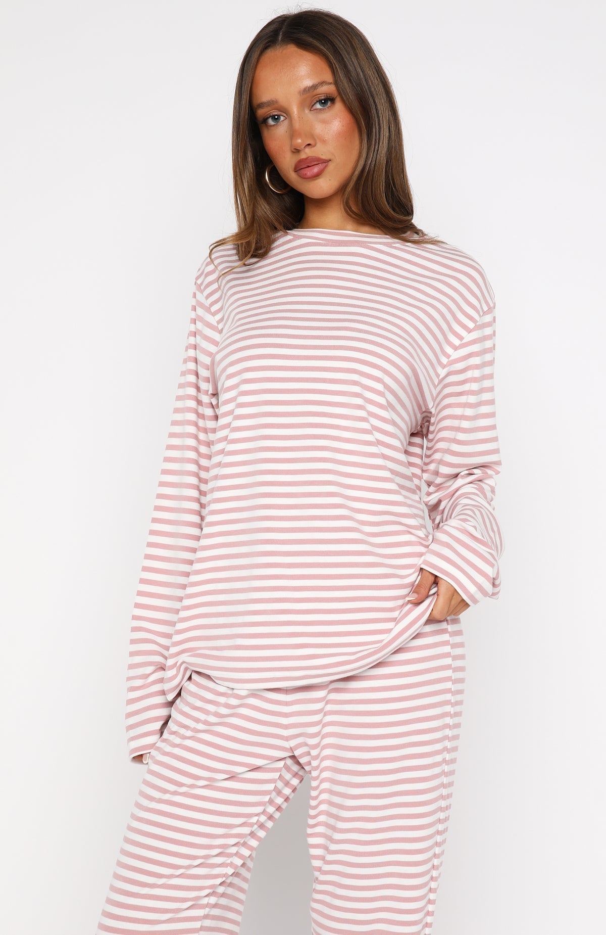 White Fox Slow Life Long Sleeve Pyjama Top Pink/White Stripe