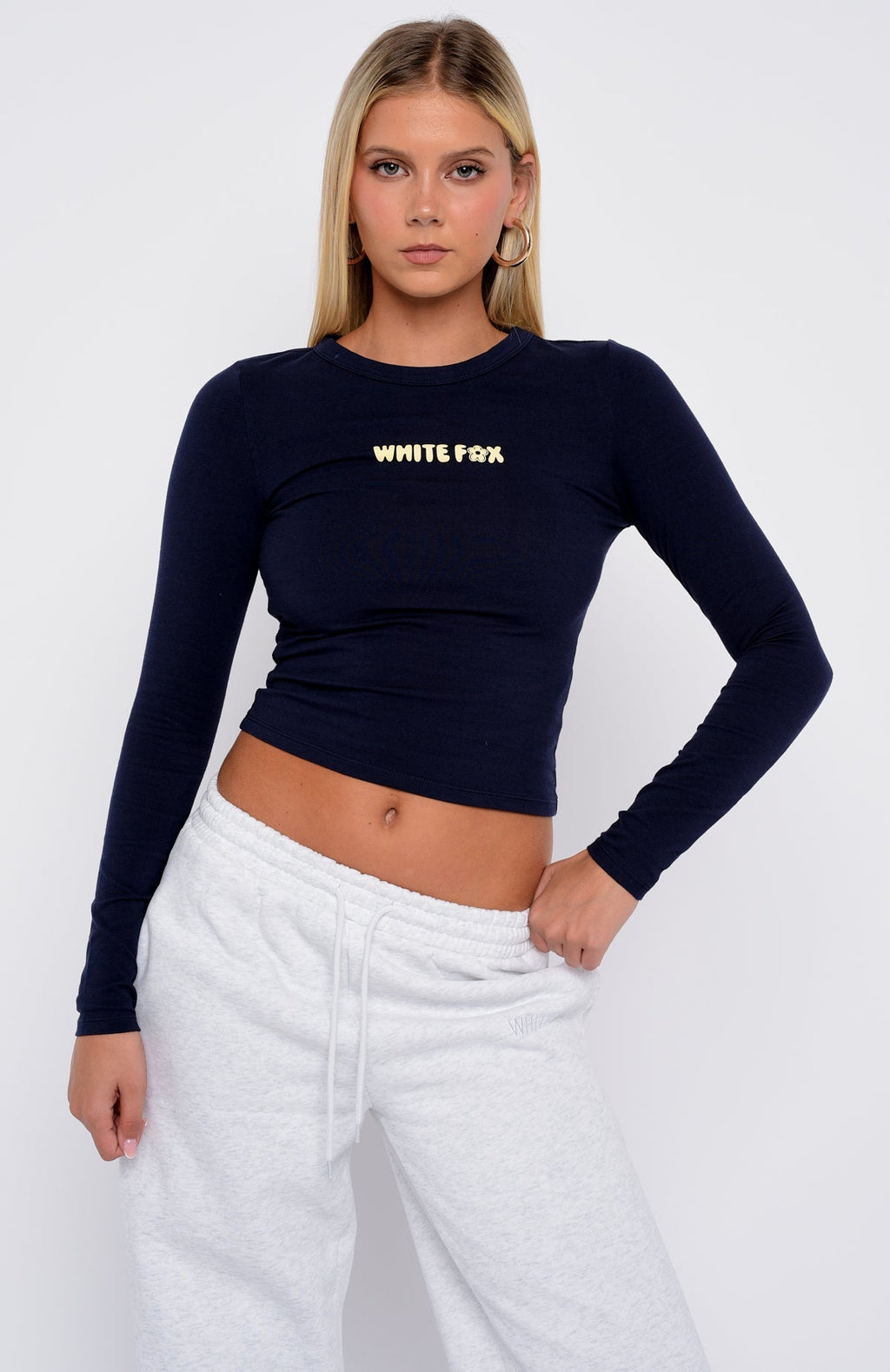 White Fox Love Addiction Long Sleeve Baby Tee Navy