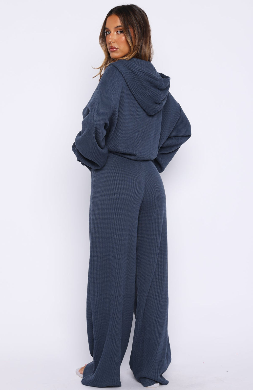 White Fox Leave Me Out Of It Waffle Wide Leg Sweatpants Navy