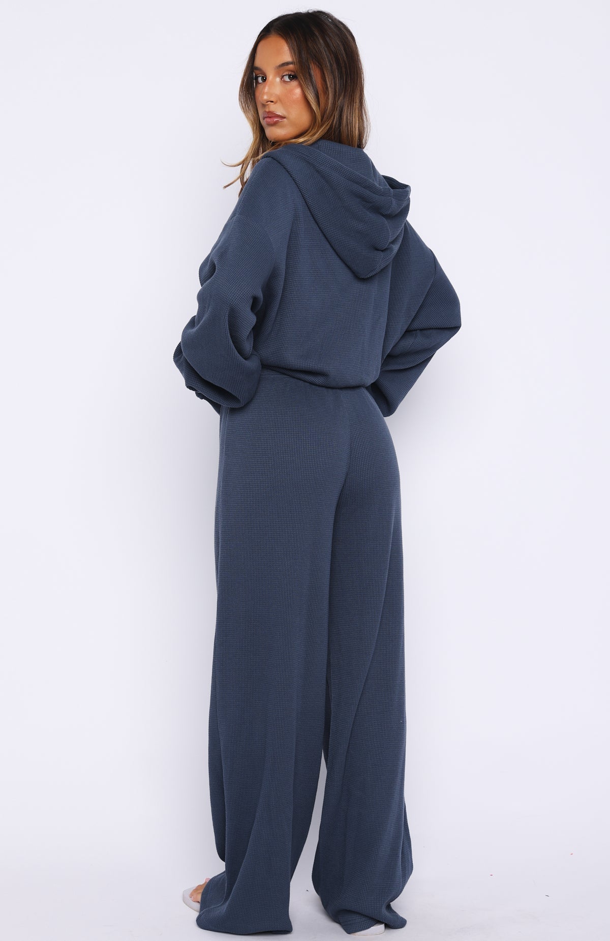 White Fox Leave Me Out Of It Waffle Wide Leg Sweatpants Navy