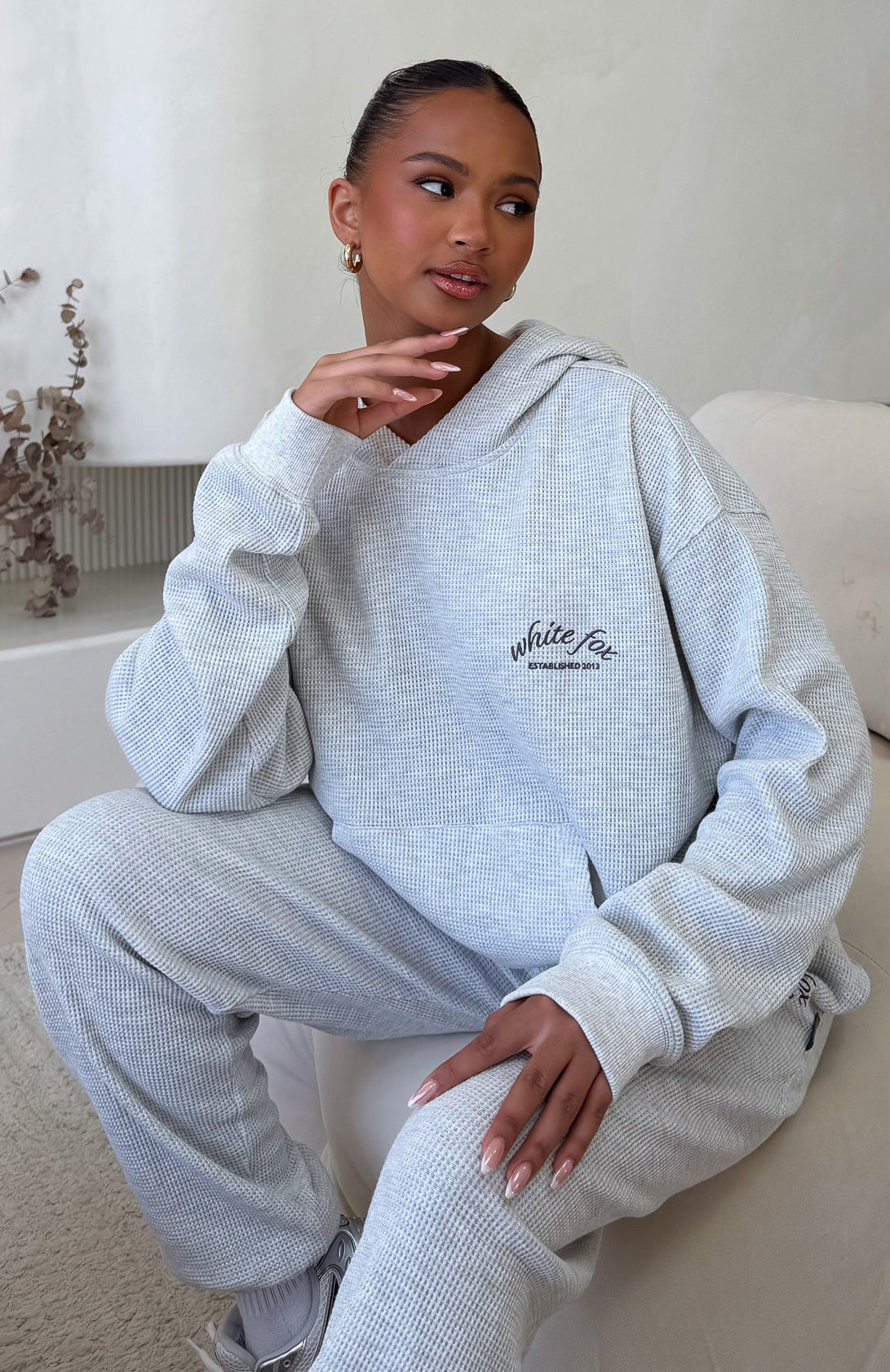 White Fox Moving Out Waffle Oversized Hoodie Light Grey Marle
