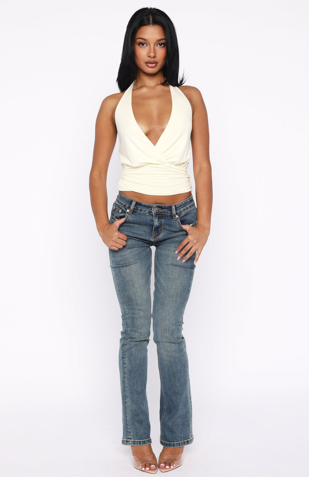 White Fox Show Stopping Cinched Waist Halter Top Cream