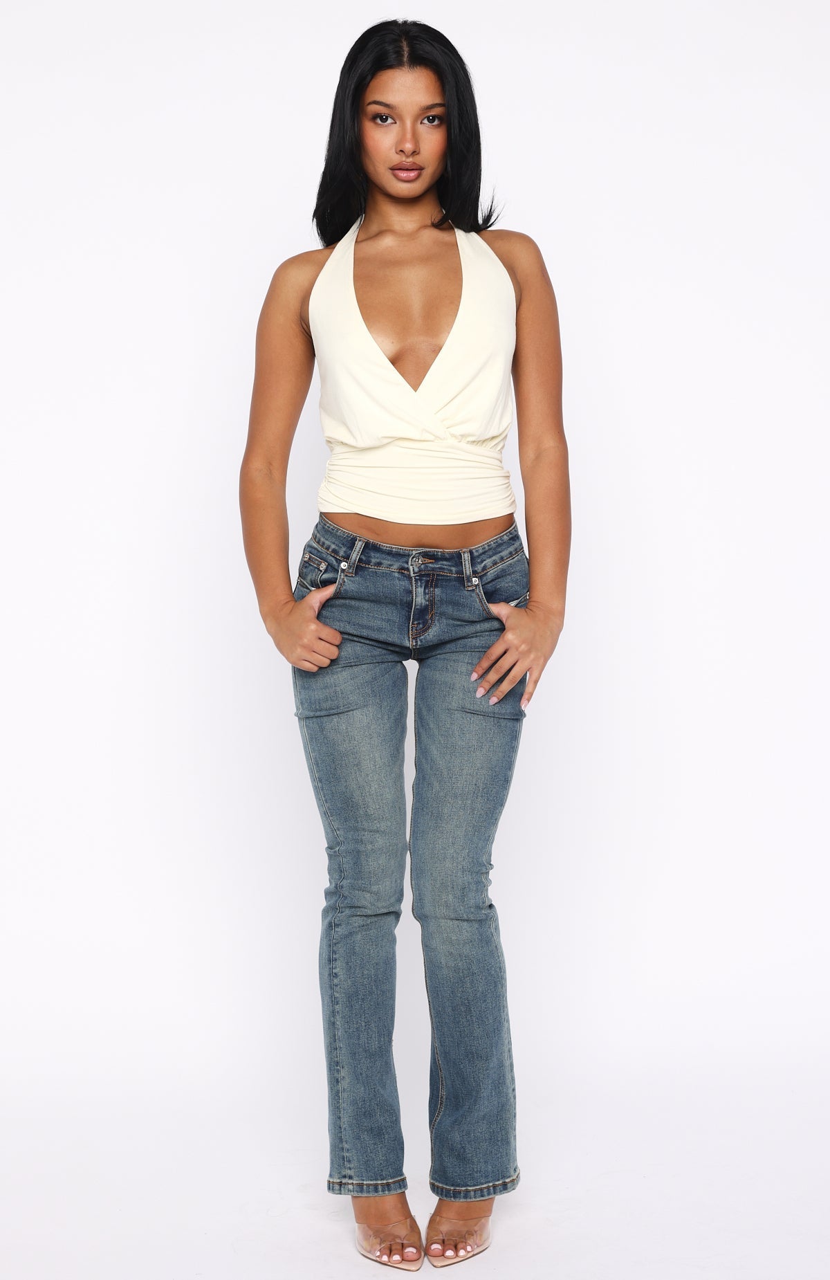 White Fox Show Stopping Cinched Waist Halter Top Cream