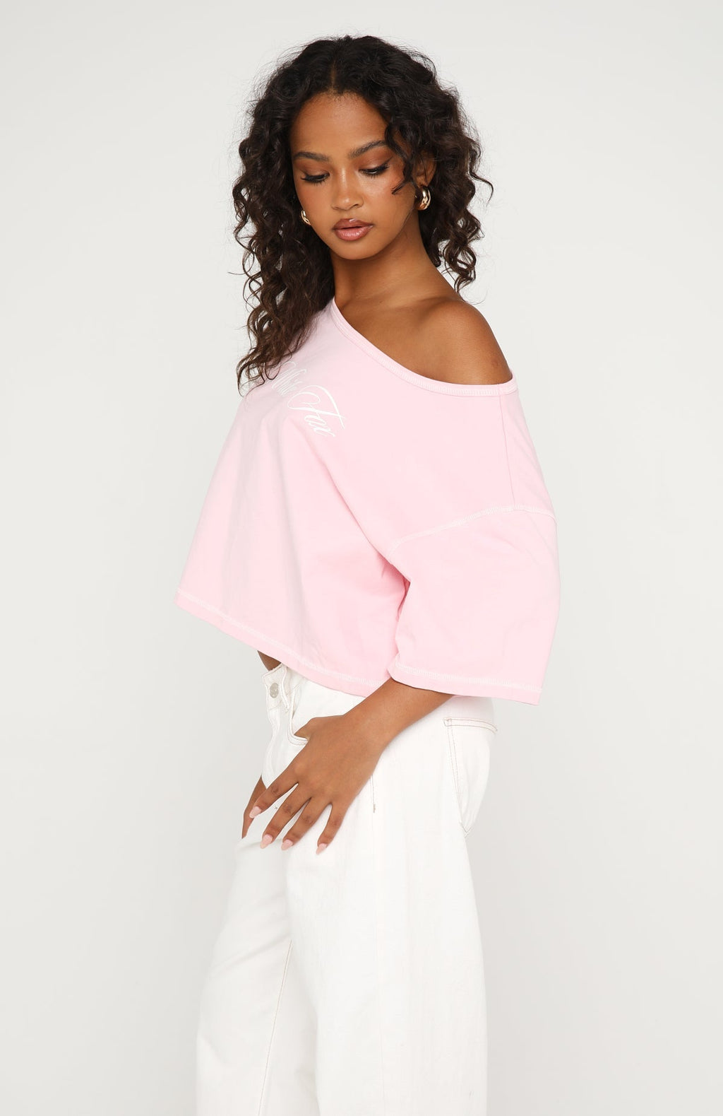 White Fox Need More Time Off Shoulder Oversized Tee Pink