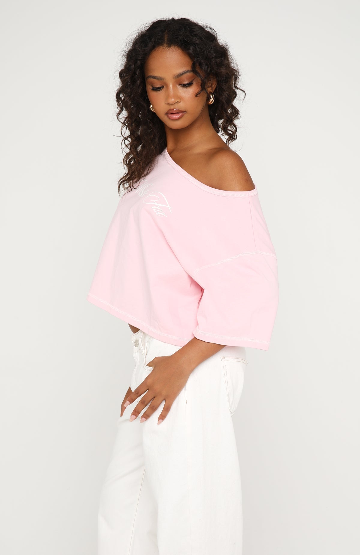 White Fox Need More Time Off Shoulder Oversized Tee Pink