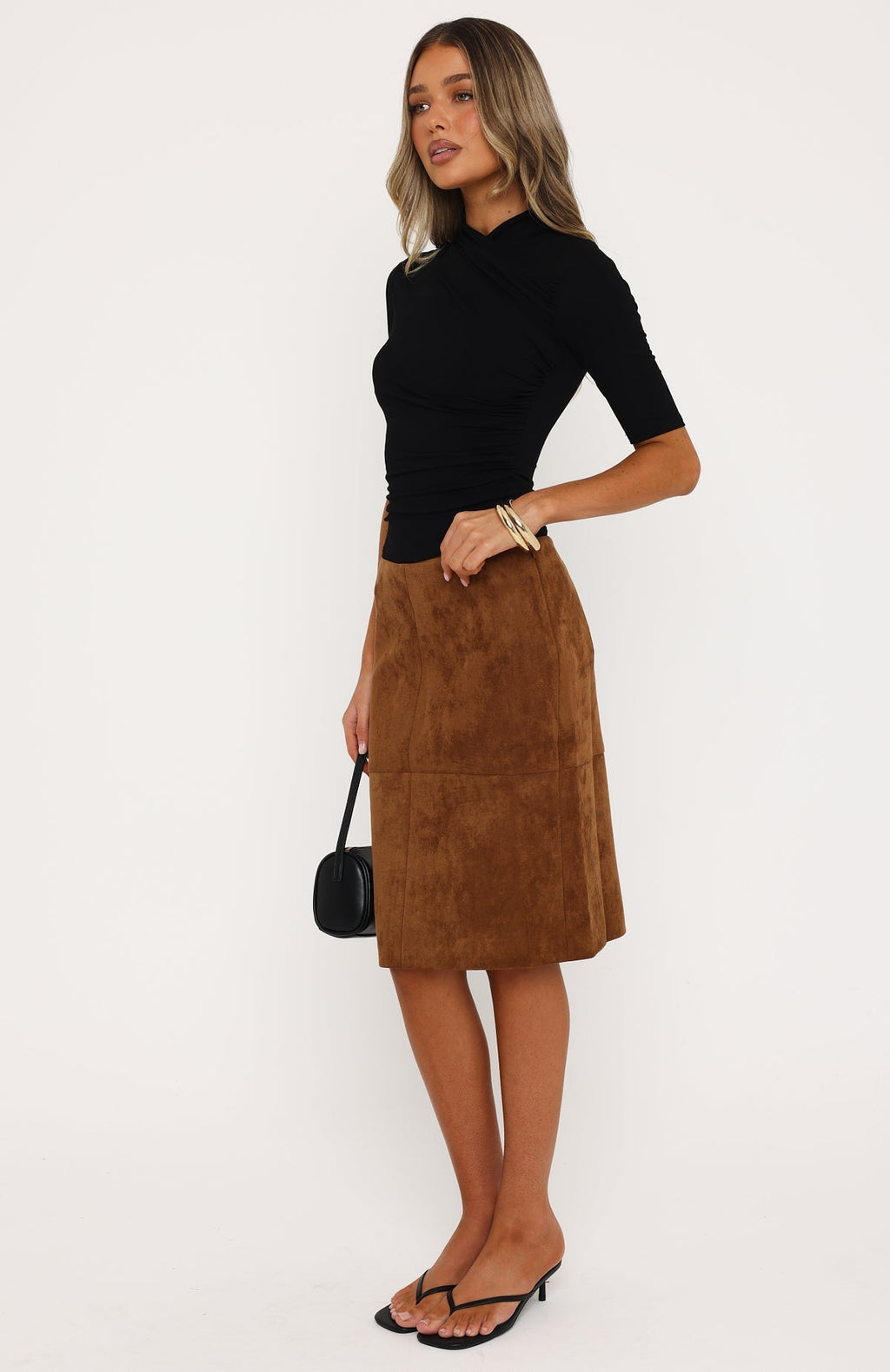 White Fox Ready For Business Faux Suede Midi Skirt Chestnut