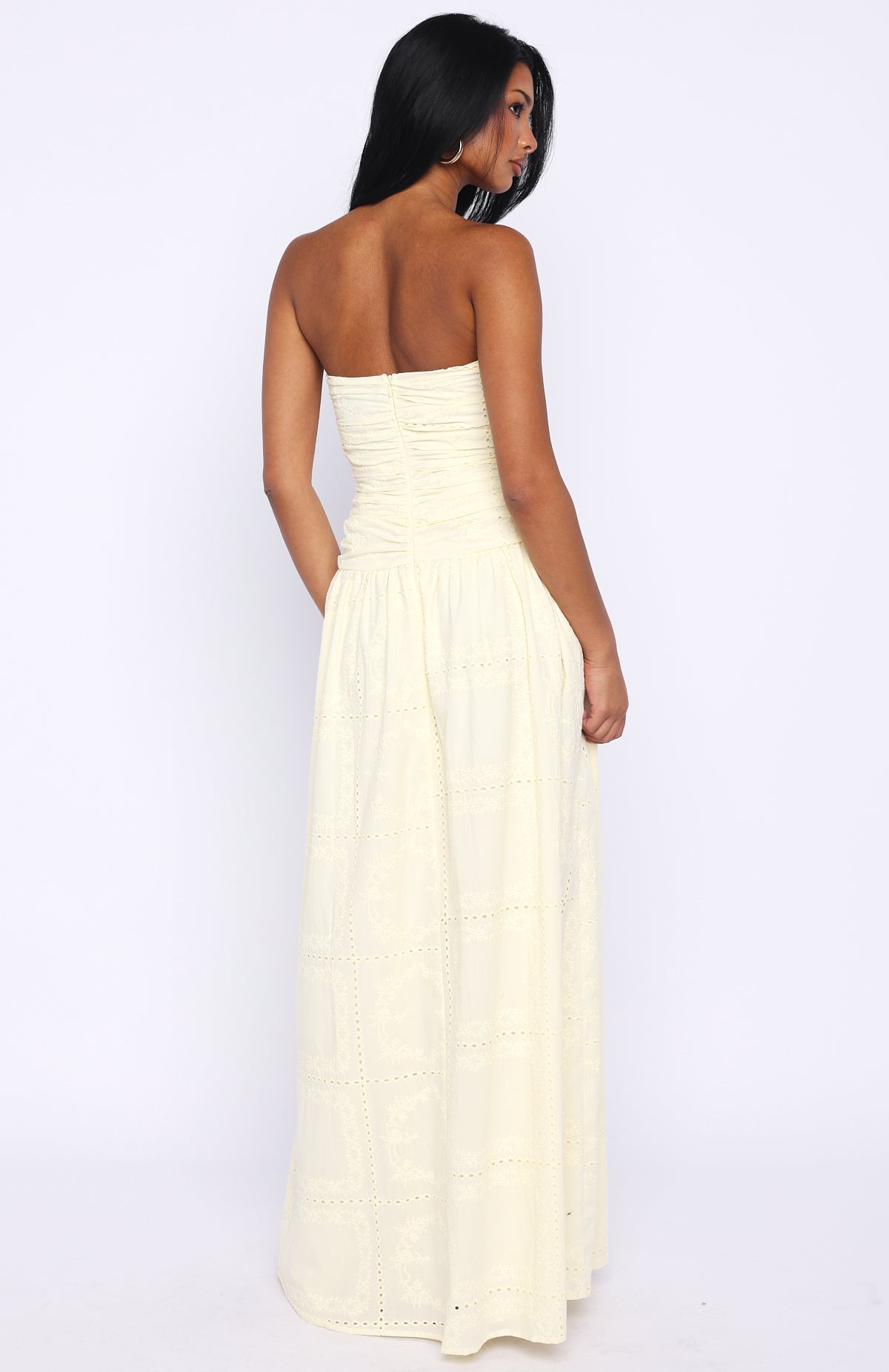 White Fox Bittersweet Babe Strapless Broderie Maxi Dress Butter