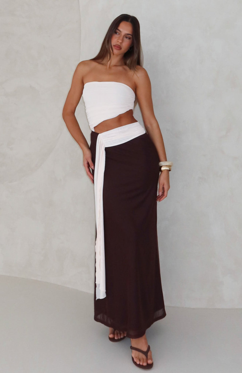 White Fox Talk About Forever Strapless Maxi Dress Oat/Chocolate