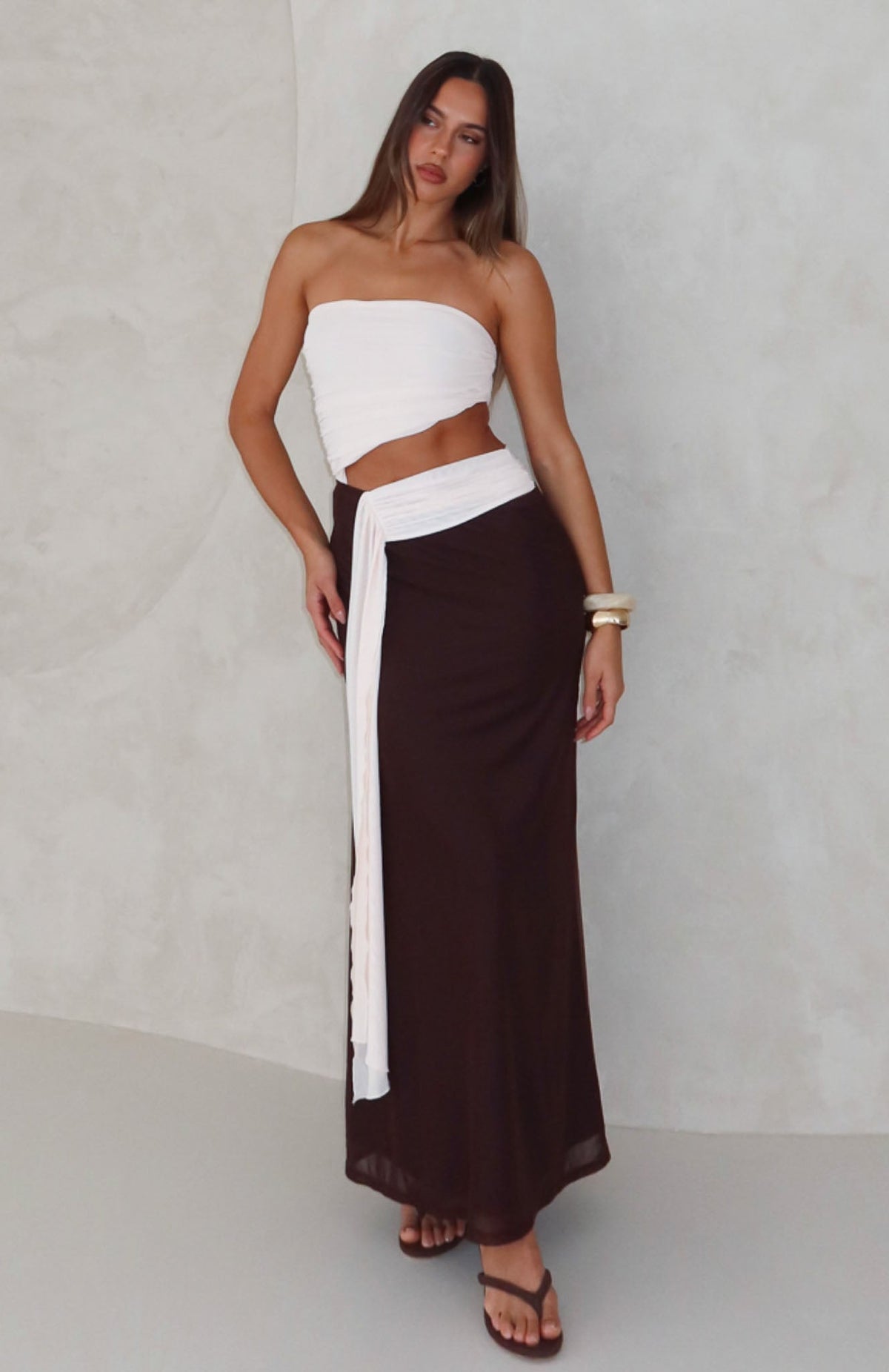 White Fox Talk About Forever Strapless Maxi Dress Oat/Chocolate