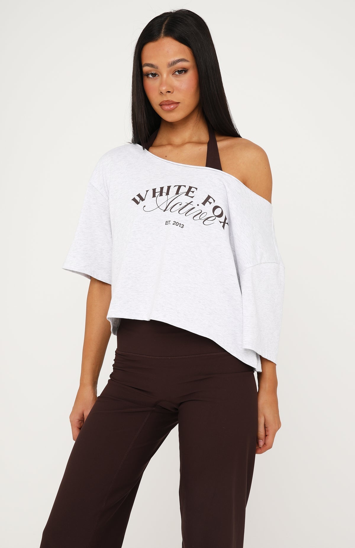White Fox Far Away Off Shoulder Cropped Tee Grey Marle