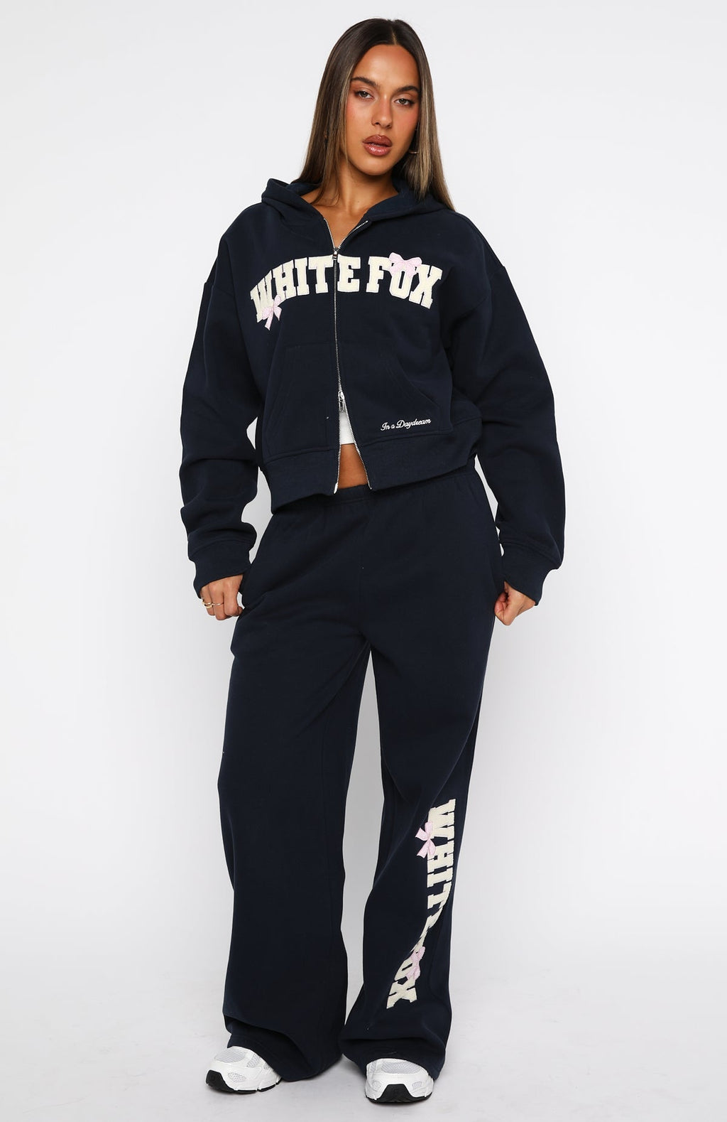 White Fox Daydreamers Madeline Boxy Zip Front Hoodie Navy