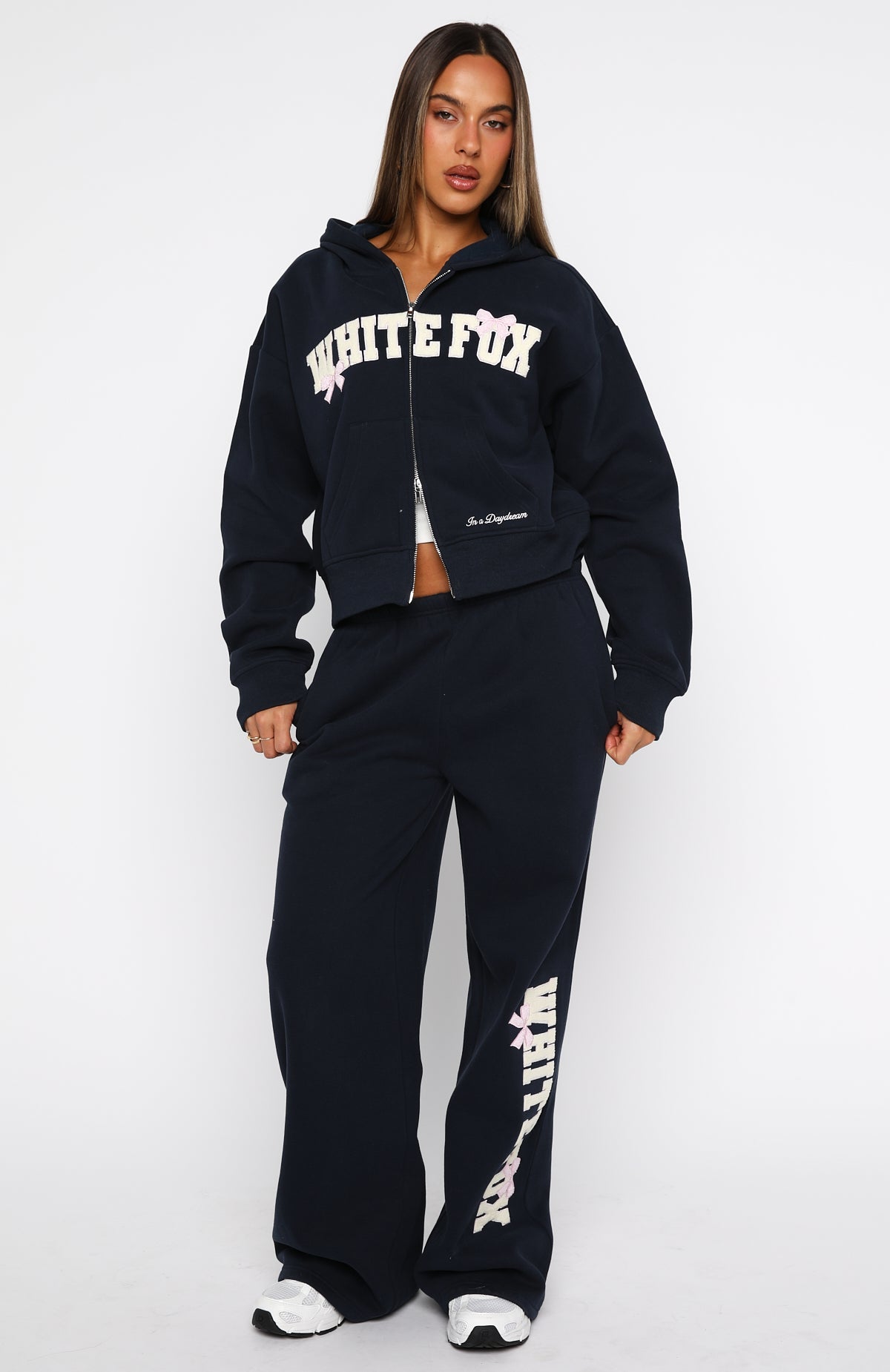White Fox Daydreamers Madeline Boxy Zip Front Hoodie Navy