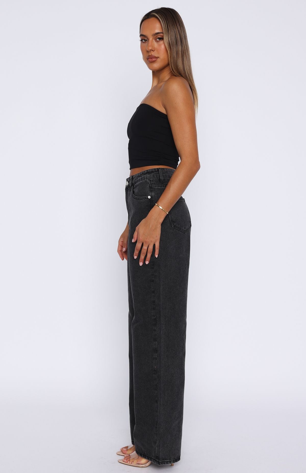 White Fox Bring The Style High Rise Wide Leg Jeans Black Acid
