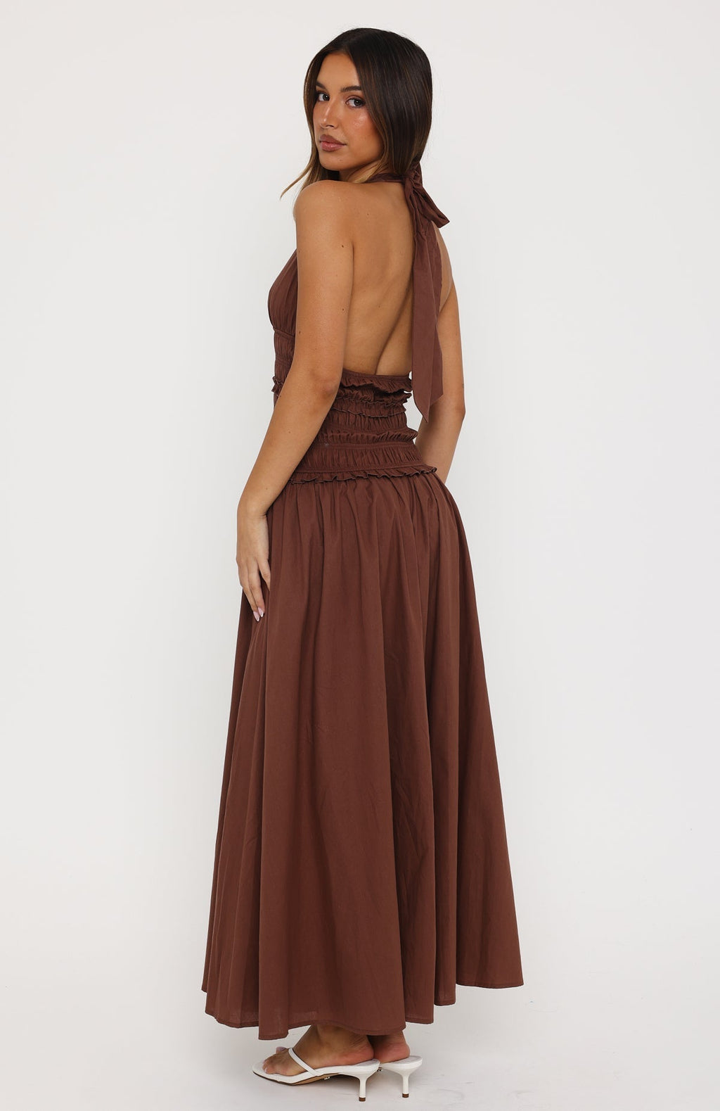 White Fox Lucky Enough Halter Maxi Dress Dark Chocolate