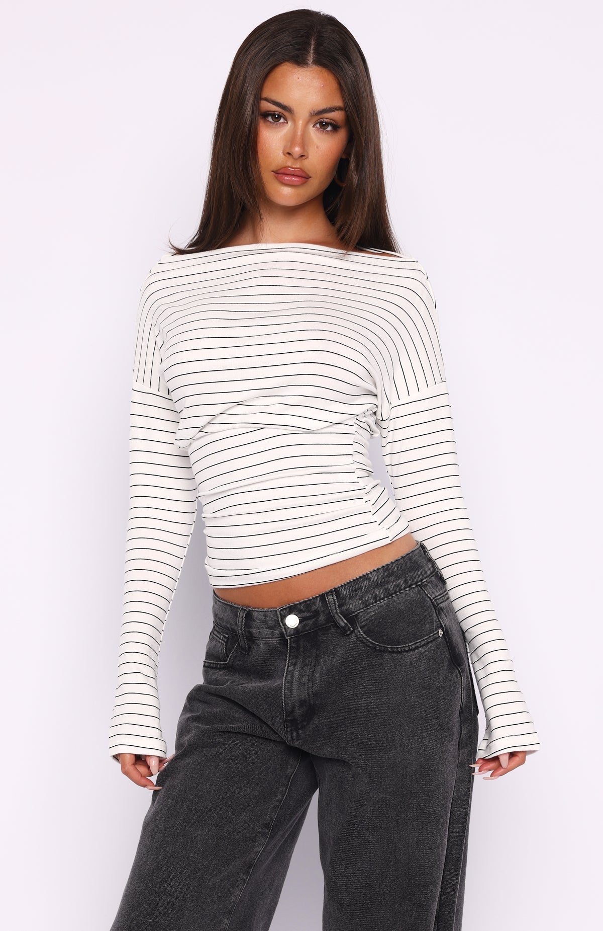 White Fox Another Time Cinched Waist Long Sleeve Top White Stripe