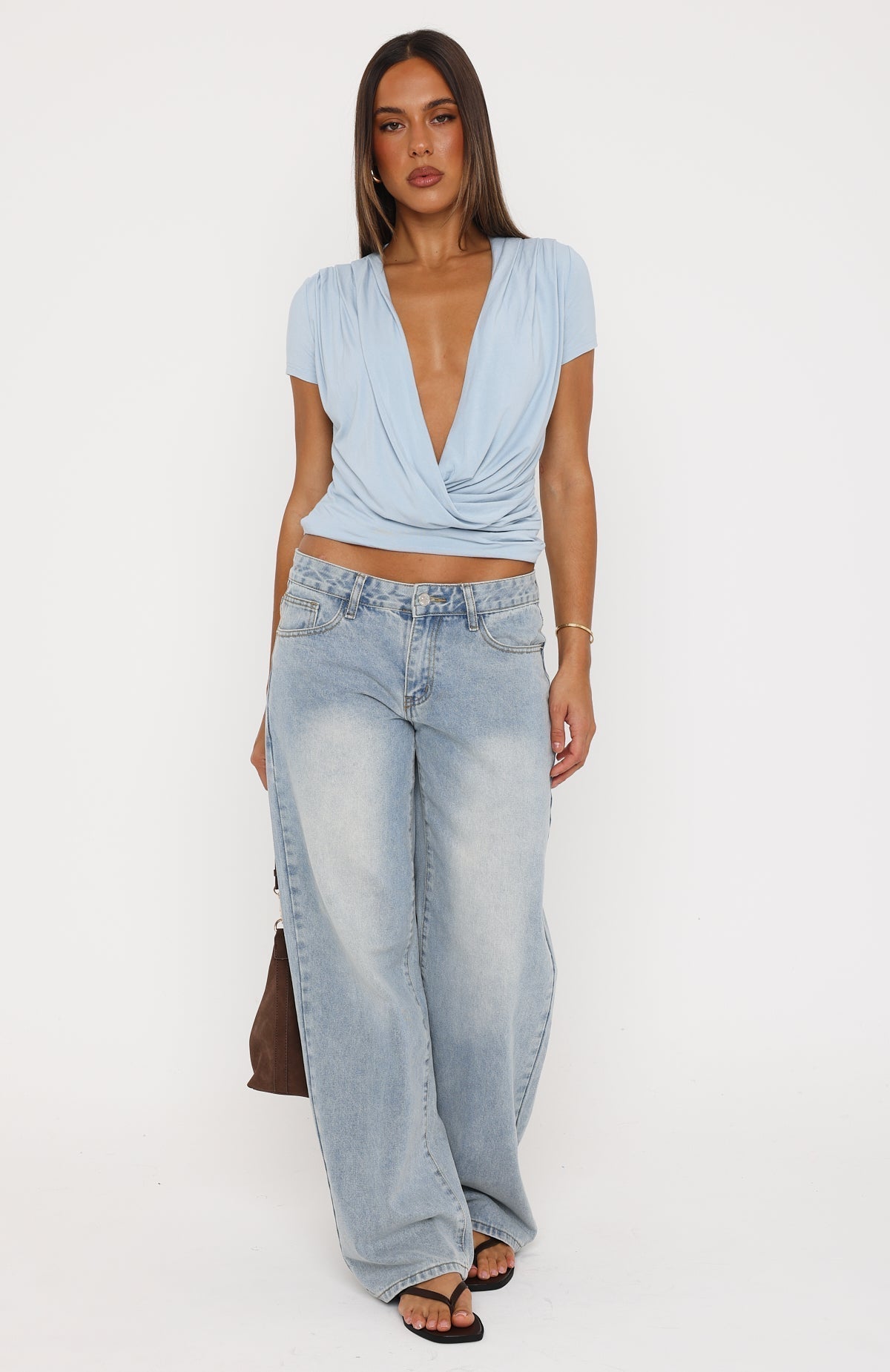 White Fox Almost Told You Short Sleeve Cowl Neck Top Dusty Blue