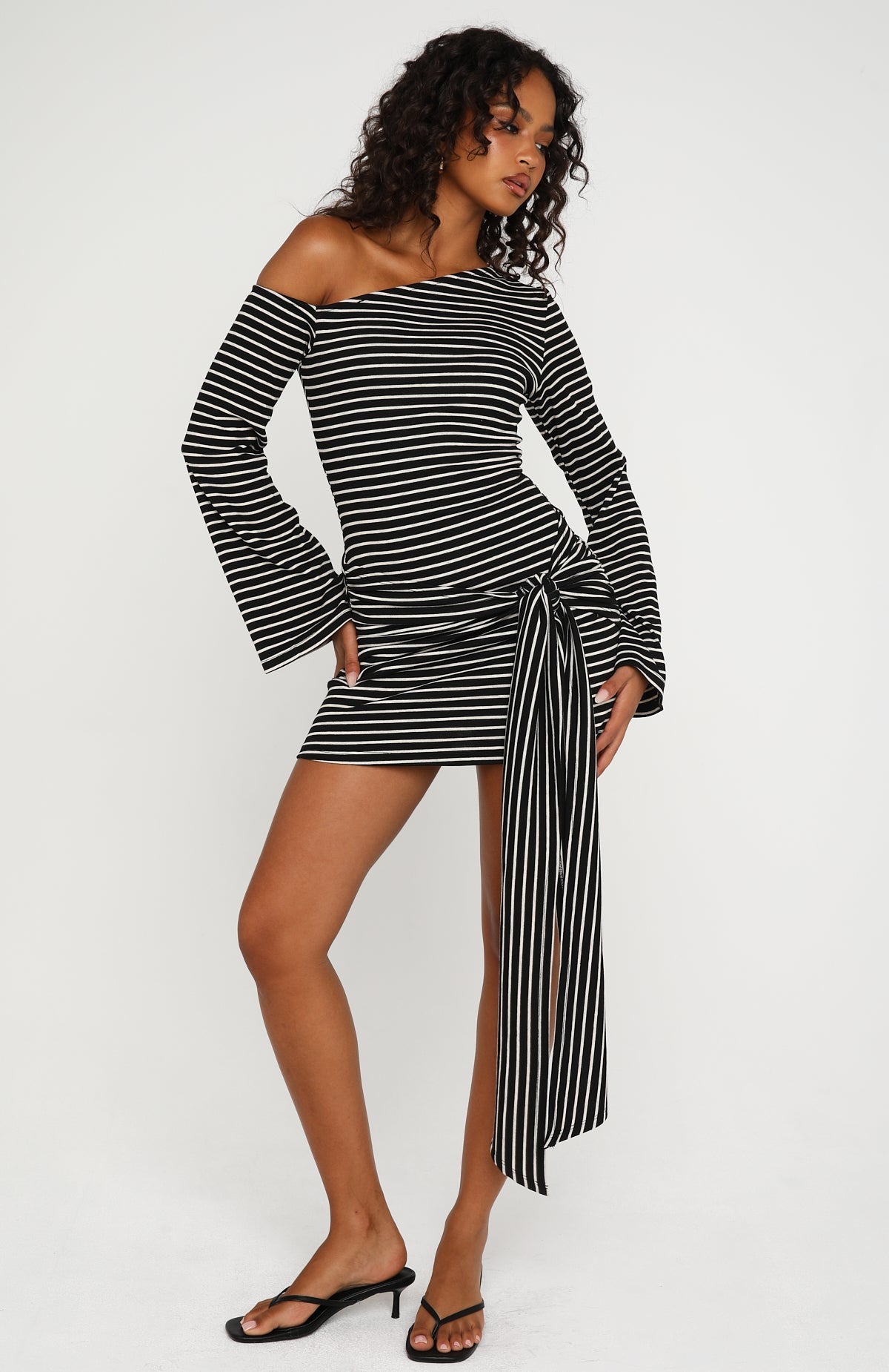 White Fox On Her Throne Off Shoulder Long Sleeve Mini Dress Black/Marle Stripe