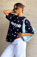 White Fox Offstage Printed Oversized Tee Navy Polka Dot