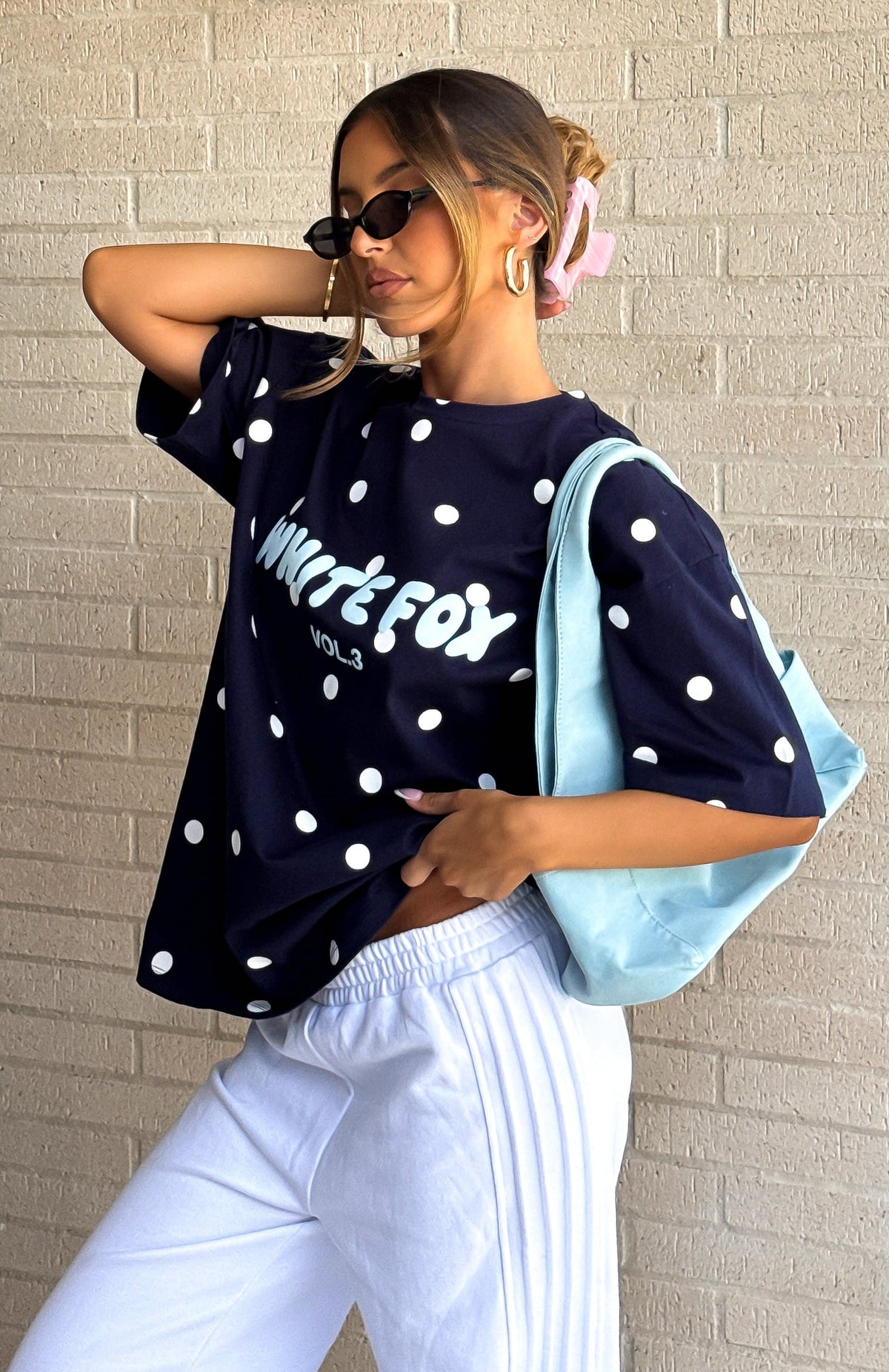 White Fox Offstage Printed Oversized Tee Navy Polka Dot
