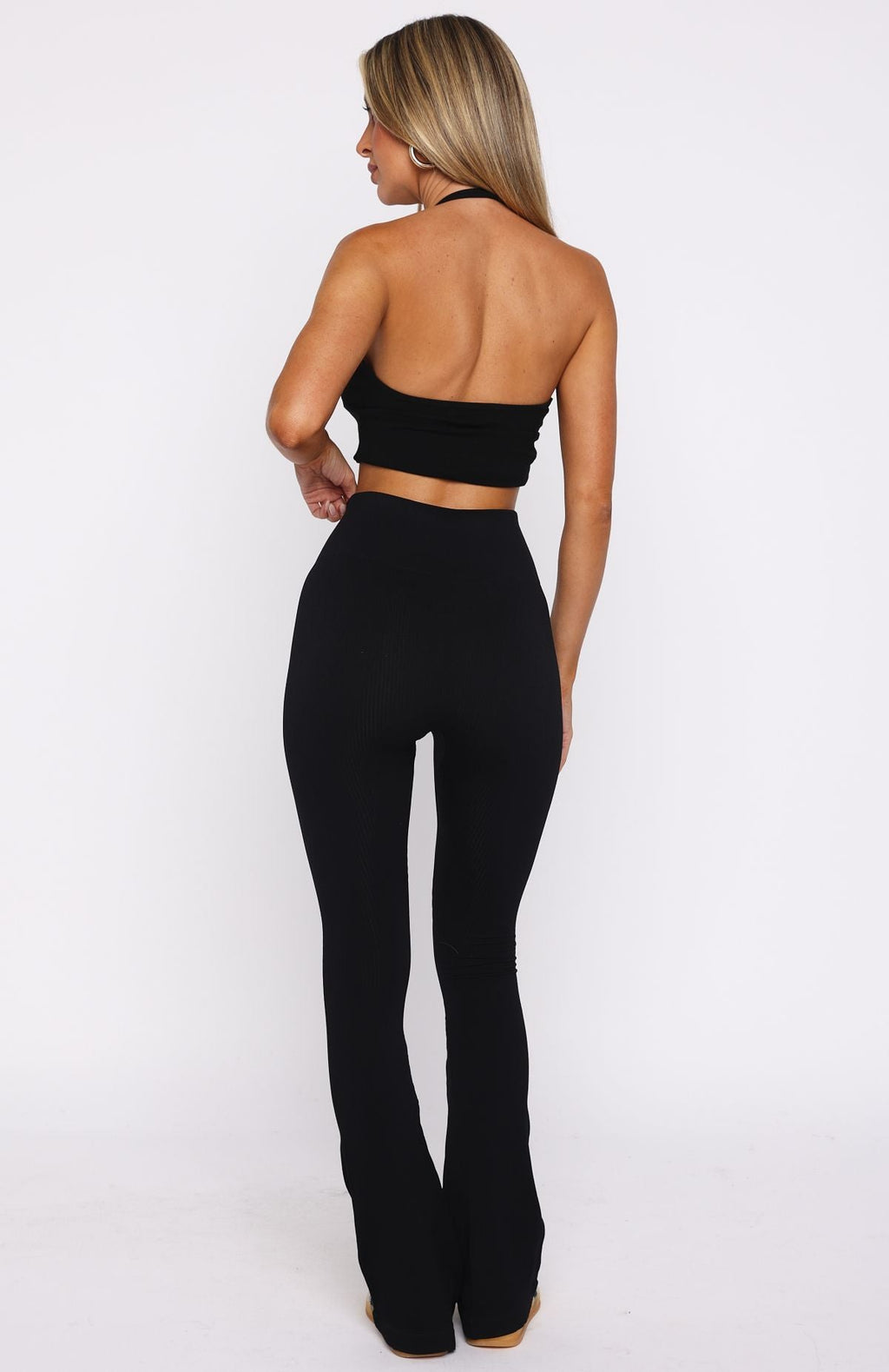 White Fox Scared To Confess Seamless Ribbed Flare Pants Black