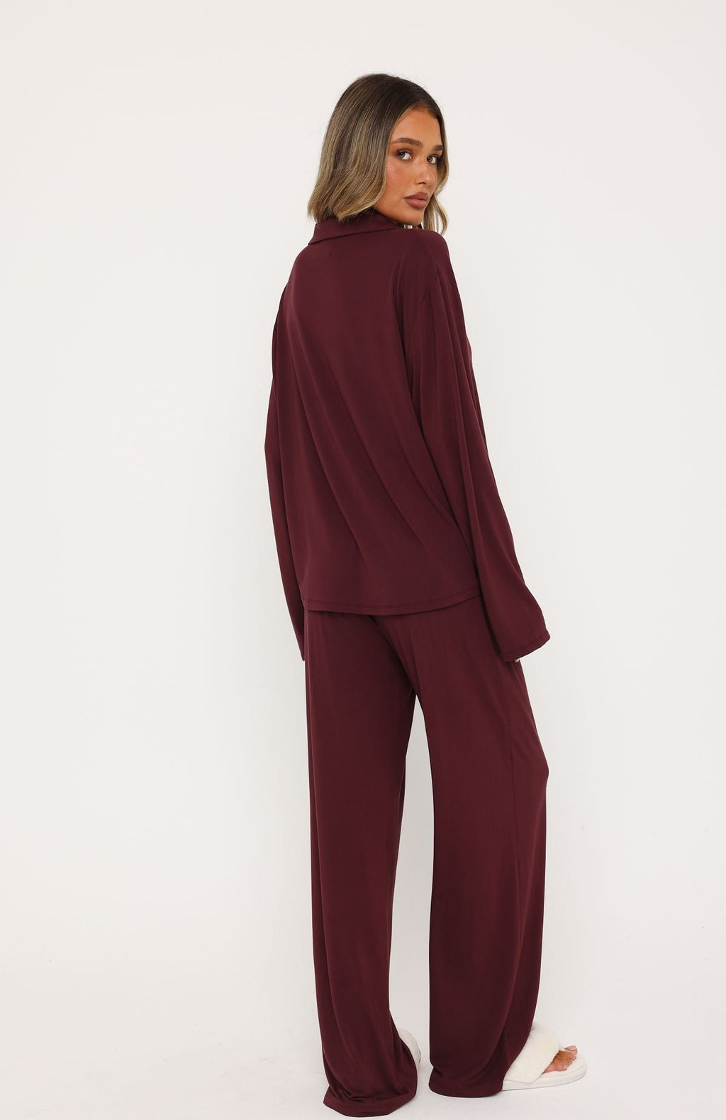 White Fox Pillow Talk Long Sleeve Pyjama Set Burgundy